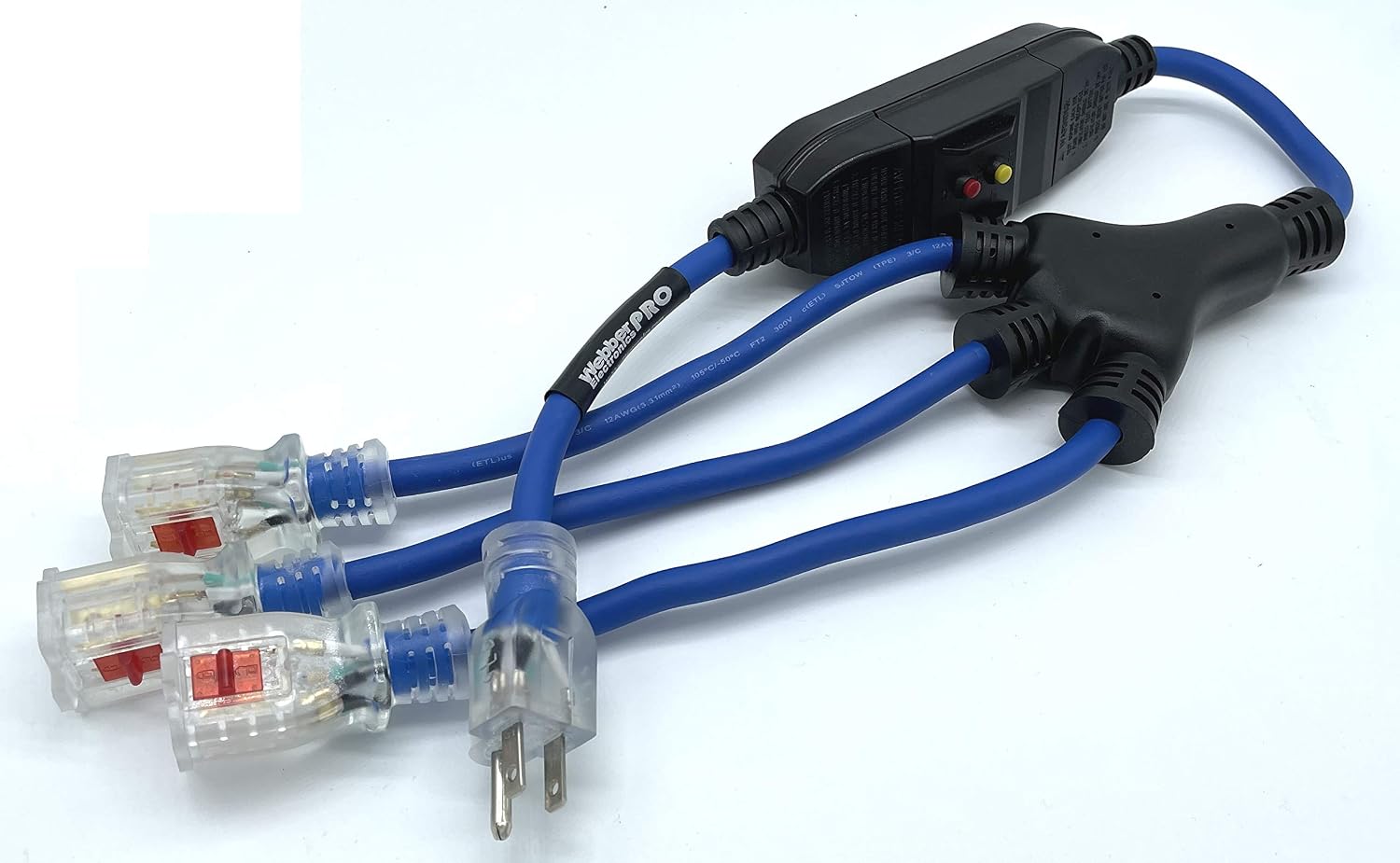 Webber Pro-Series Safety Extension Cable NEMA 5-15P Plug to in-Line GFCI with Illuminated “Triton” Locking Triple Receptacles 2.5'. Webber