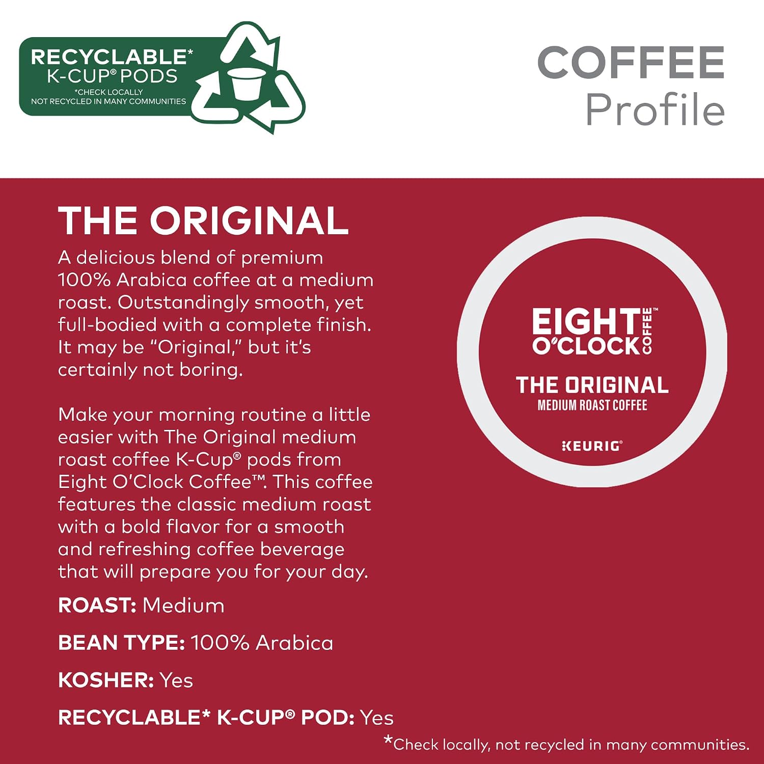 Eight O'Clock Coffee The Original, Single-Serve Keurig K-Cup Pods, Medium Roast Coffee Pods, 72 Count