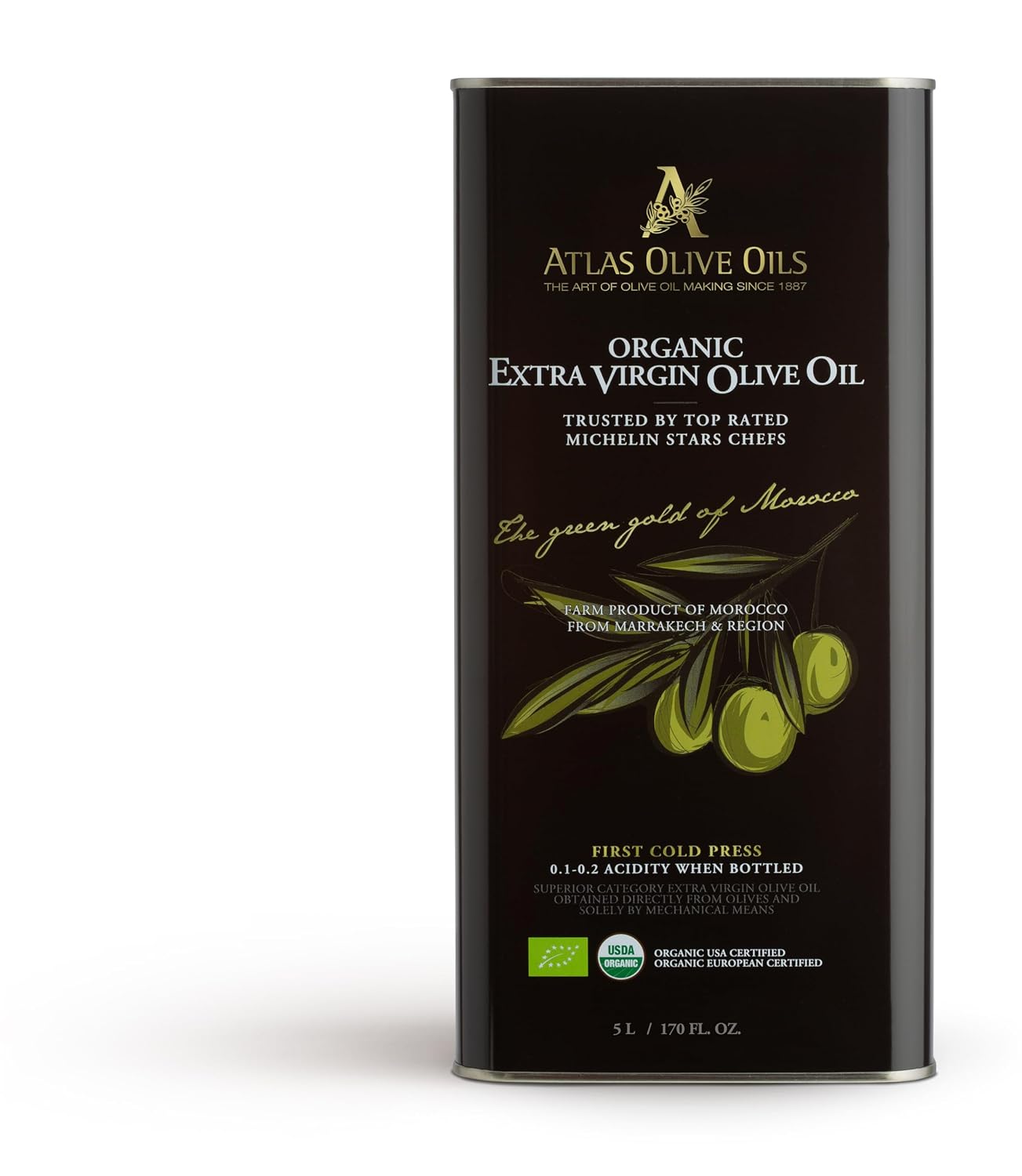 Atlas Organic Extra Virgin Olive Oil, Moroccan, High Polyphenol, 170 fl oz | Cold Pressed EVOO With High Smoke Point, Trusted By Award-Winning Chefs, One Family Farm, Polyphenol-Rich & Smooth Finish