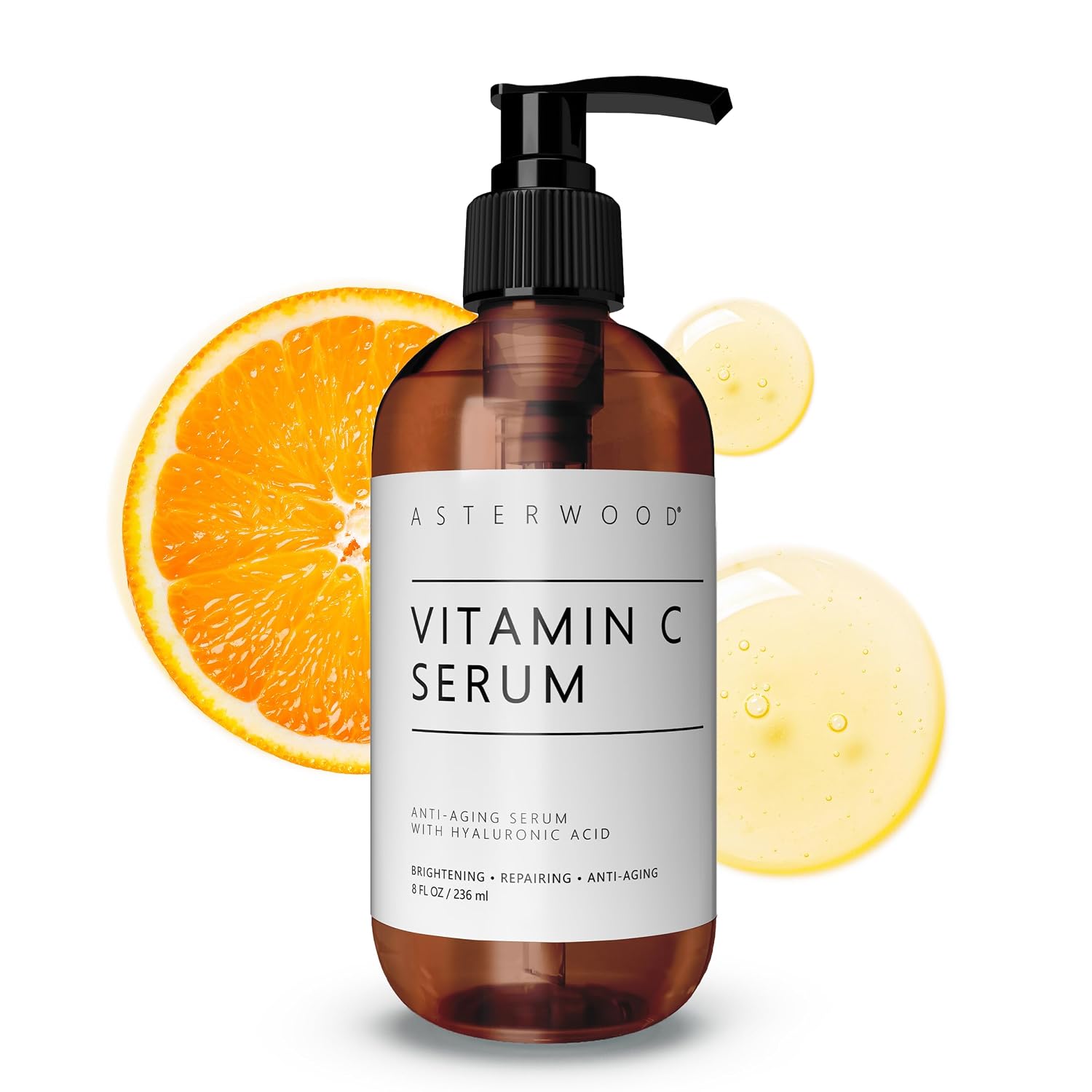 Asterwood Vitamin C Serum for Face with Hyaluronic Acid 1 Fl Oz | Stable Vitamin C (MAP) & Vegan Hyaluronic Acid, Supports More Even Complexion & Collagen Production, Fragrance-Free