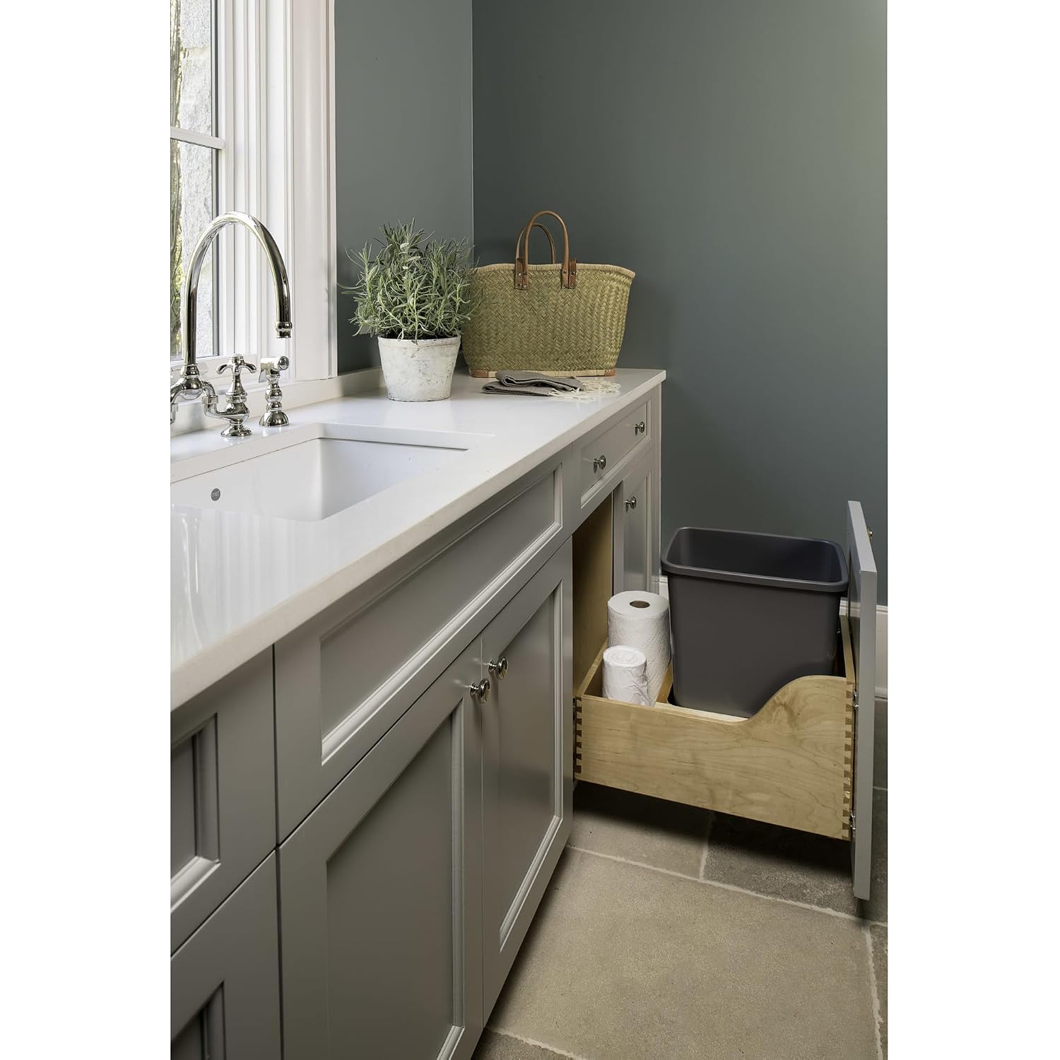 Rev-A-Shelf Pull Out Trash Can for Kitchen Cabinets 35 Qt 8.75 Gal Bottom Mounted, Undermount Soft-Close Slides, Silver, 4WCSC-1835DMND-2