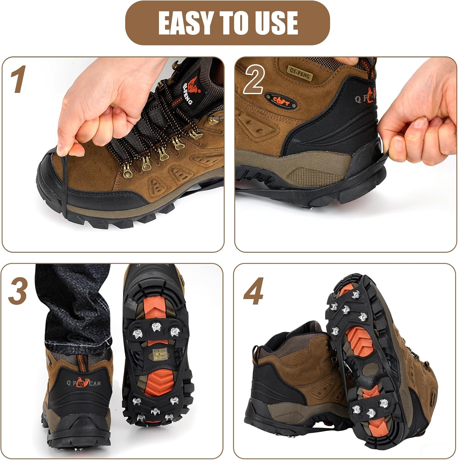 2 Pairs Ice Cleats for Shoes and Boots, 8 Steel Gripper Spikes Non-Slip Traction Cleats, Micro Shoe Snow Grips Crampons for Winter Hiking, Walking
