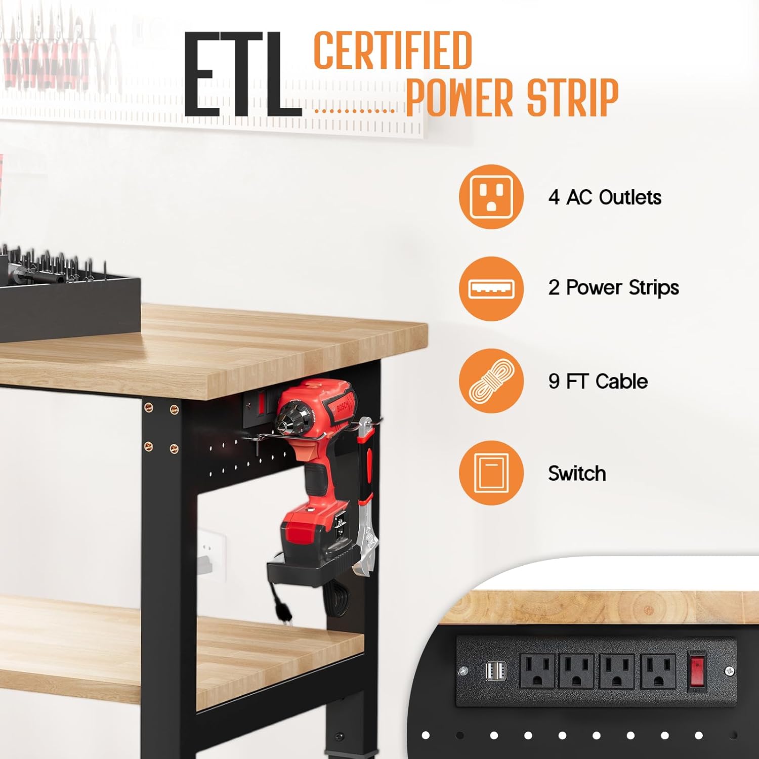 Albott 48" Adjustable 2-Tier Workbench with Solid Wood Top, Max 2500lbs Capacity, Built-in Power Strip with 4 AC Outlets & 2 USB Ports