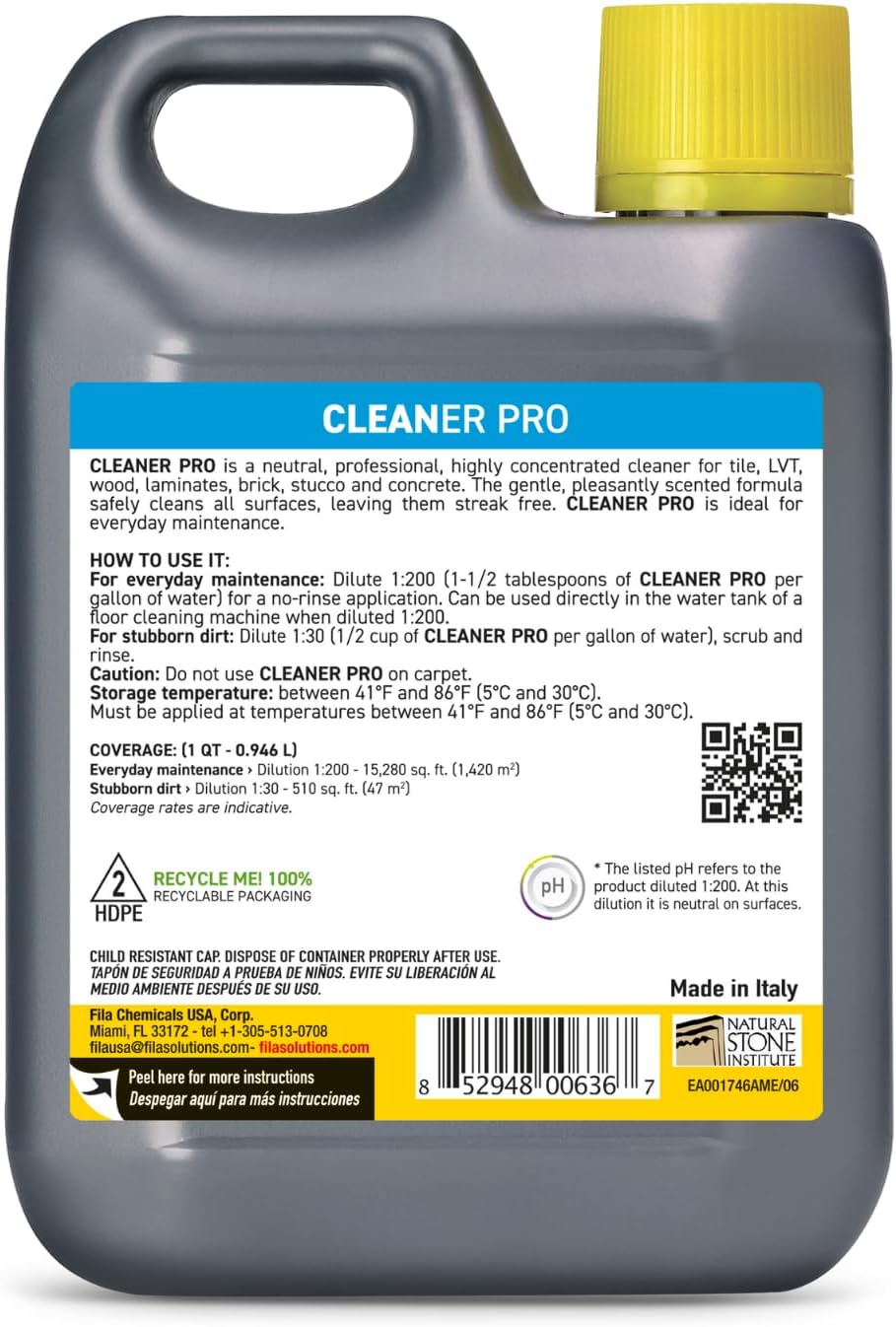 FILA Surface Care Solutions, CLEANER PRO, Neutral All Purpose Cleaner, Highly Concentrated - Up to 40 Washes, 1 QT