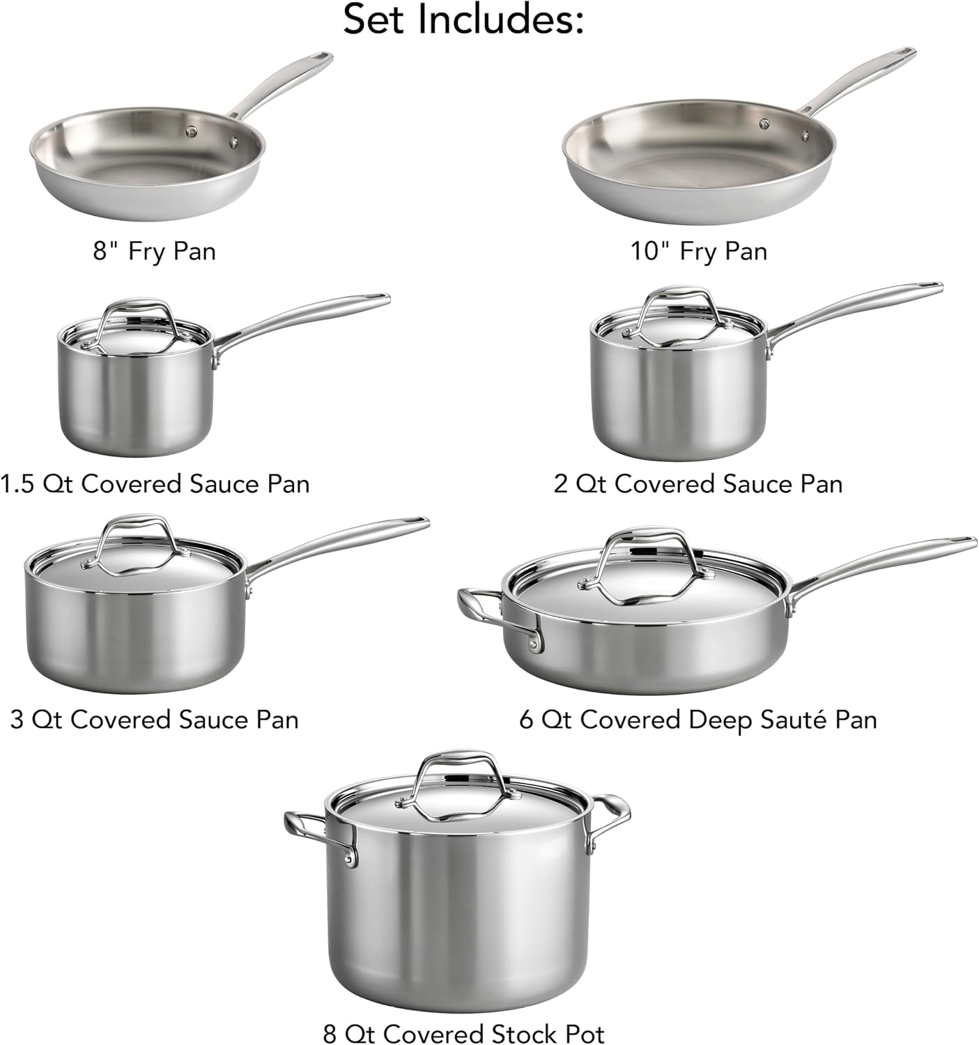 Tramontina Signature Tri-Ply Clad Stainless Steel 8-Pc Pots and Pans Set | Cookware Kitchen Set, Induction-Ready, Dishwasher-Safe, NSF-Certified, Made in Brazil