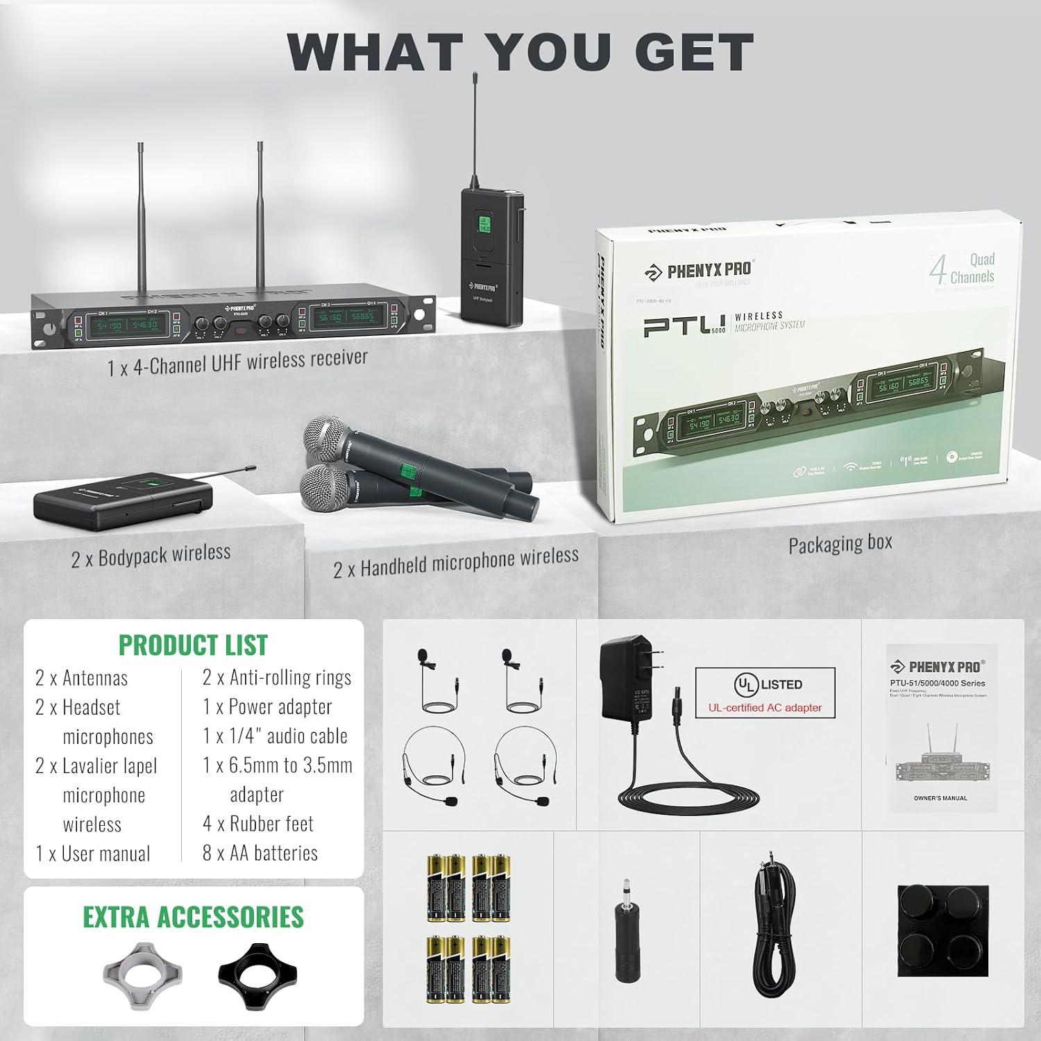 Phenyx Pro 4-Ch UHF Fixed Frequency Wireless Microphone PTU-5000-2H2B | 2 Handheld Mics, 2 Bodypacks, Headset/Lapel Mics, Metal Build, 260 ft Range