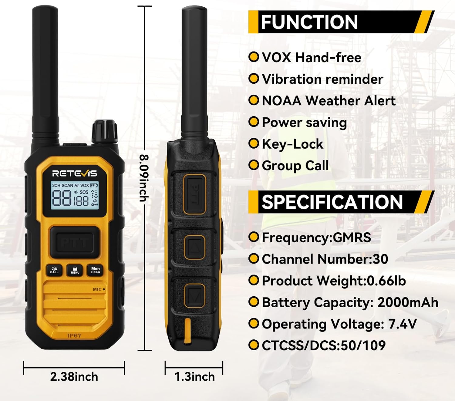 Retevis RB48PLUS GMRS Walkie Talkies Long Range,IP67 Waterproof 2 Way Radio | Repeater Capable, Dual PTT, Vibration Alert, NOAA, SOS, for Hurricane Preparedness, Emergency Communication, Outdoor, 2 Pack