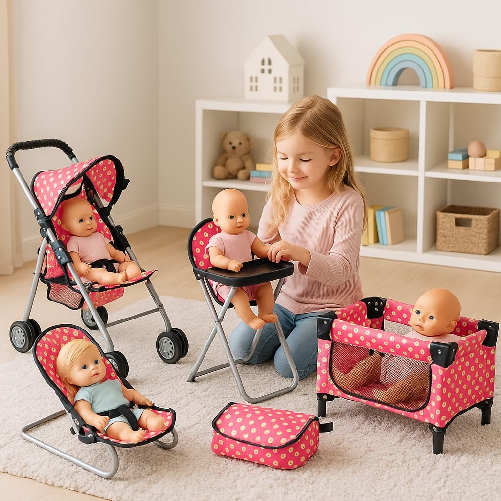 fash n kolor 4 Piece Baby Doll Play Set Flower Design Includes - Foldable Pack N Play, Baby Doll Stroller, Baby Doll High Chair, Infant Seat, Fits Up to 18'' Doll 4 Piece Doll Accessories Set