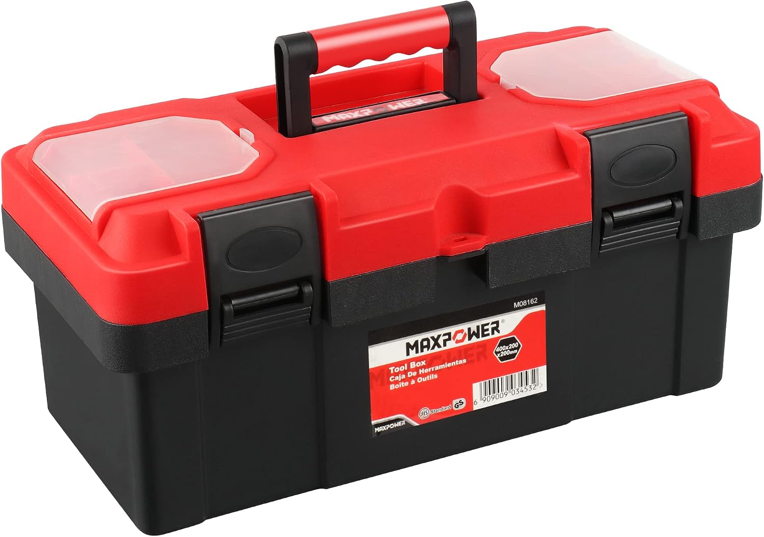 MAXPOWER Small Tool Box, 14-inch Plastic Tool Boxes with Handle | Removable Tray with Dual Lock Secured, Red Toolbox for Home
