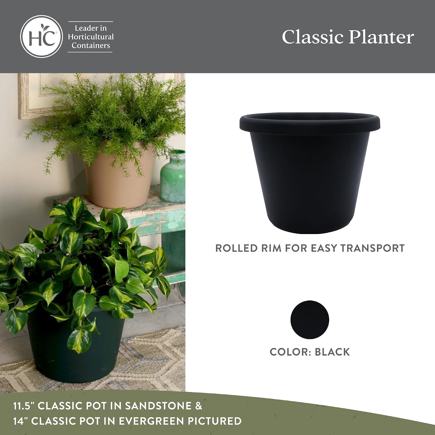 The HC Companies Classic Round Plastic Plant Pot w/Rolled Rim - Lightweight & UV Resistant Flower Pot for Herbs & More - Outdoor & Indoor Plant Pots w/Drainage (15.5 inch Warm Gray, Pack of 1)