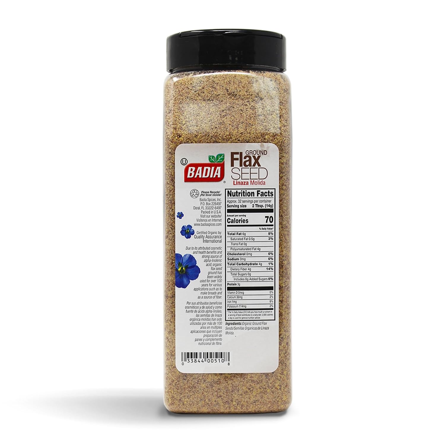 Badia Organic Ground Flax Seed, 16 oz – Fiber & Omega-3 Non-GMO Superfood | Organic ground flax seed with naturally occurring fiber and omega-3, ideal for smoothies, baking, oatmeal, yogurt, & recipes