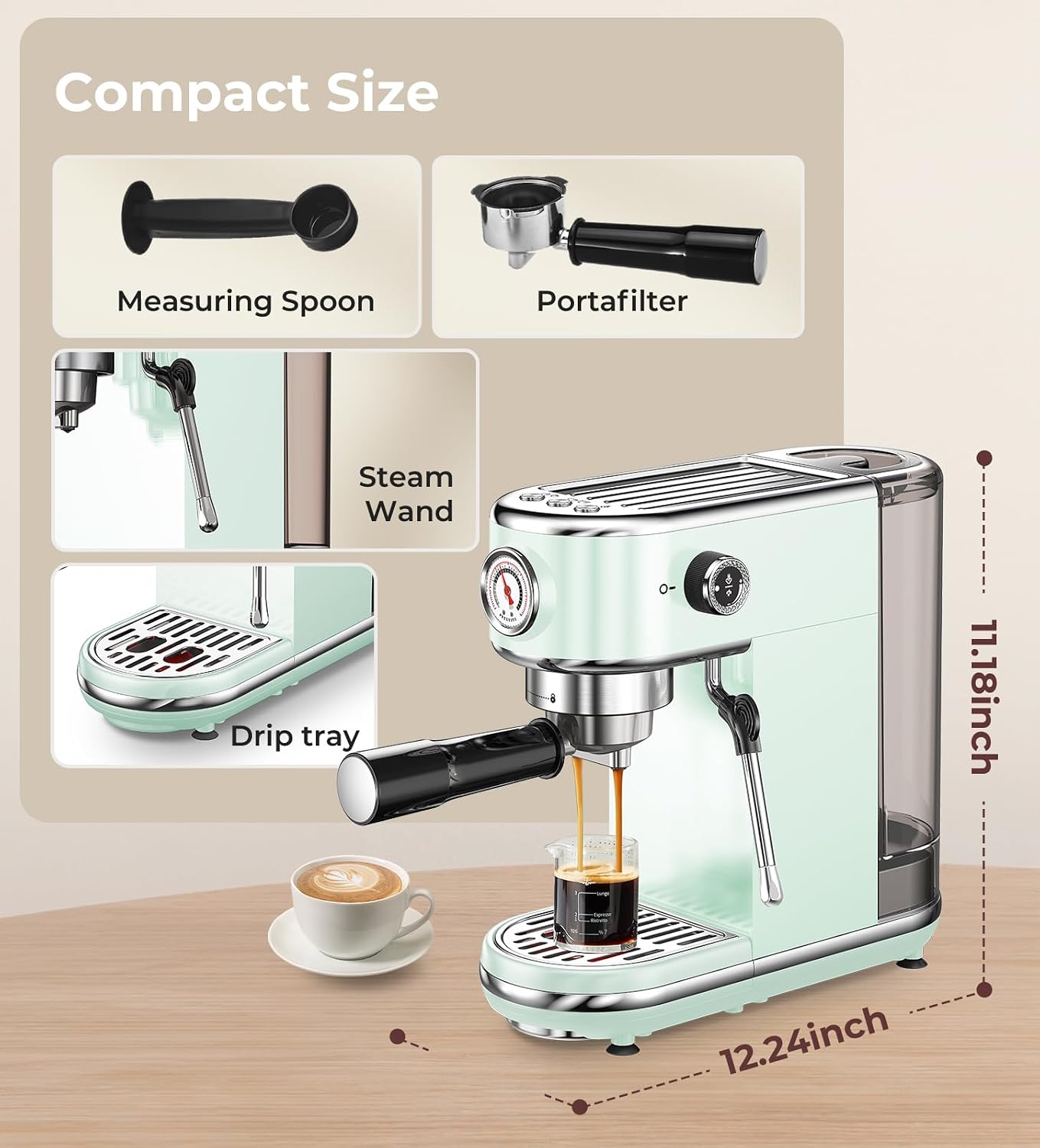 atatix 20 Bar Espresso Machine with Milk Frother, Compact Espresso Maker | Stainless Steel Coffee Machine with Precise Temp Control, 44oz Removable Water Tank for Latte, Cappuccino, White