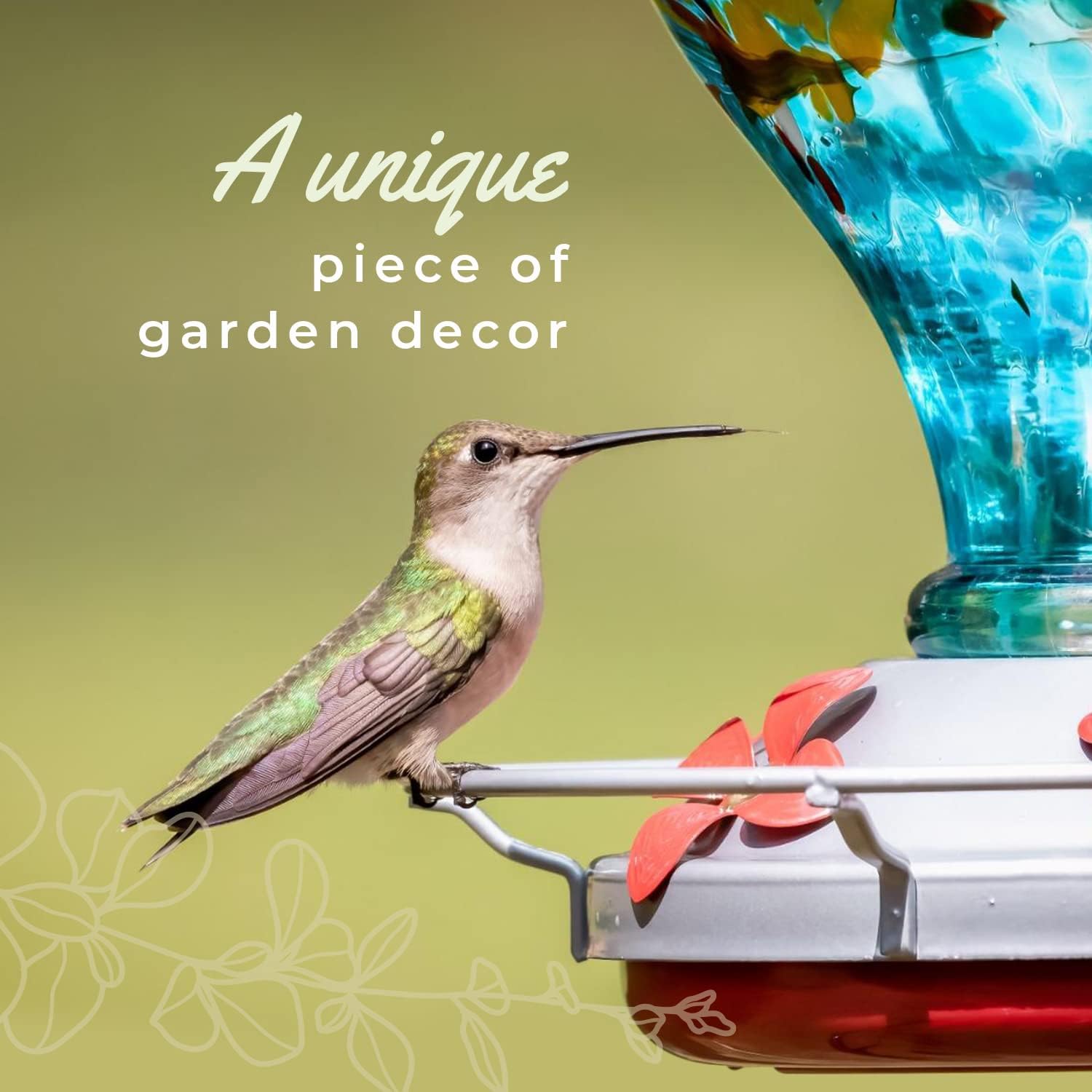 Hummingbird Feeder by Grateful Gnome - Large Hand Blown Stained Glass Feeder for Garden, Patio, Outdoors, Window with Accessories S-Hook, Ant Moat