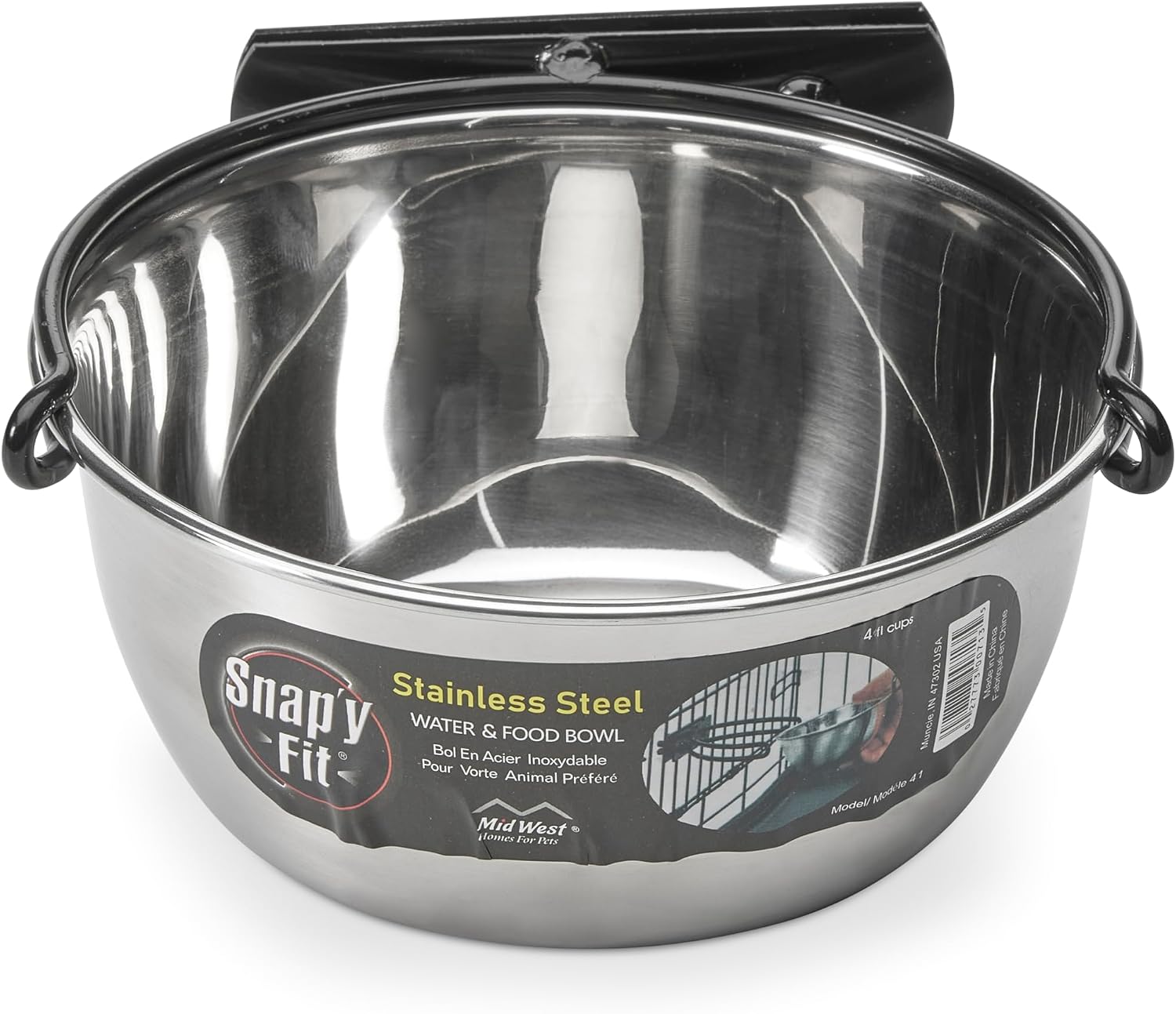 MidWest Homes for Pets Snap'y Fit Stainless Steel Food or Water Bowl, Holds 1 Quart, Mounts to Wire Crates, No-Tip Design, Rust-Resistant, for Dogs and Cats