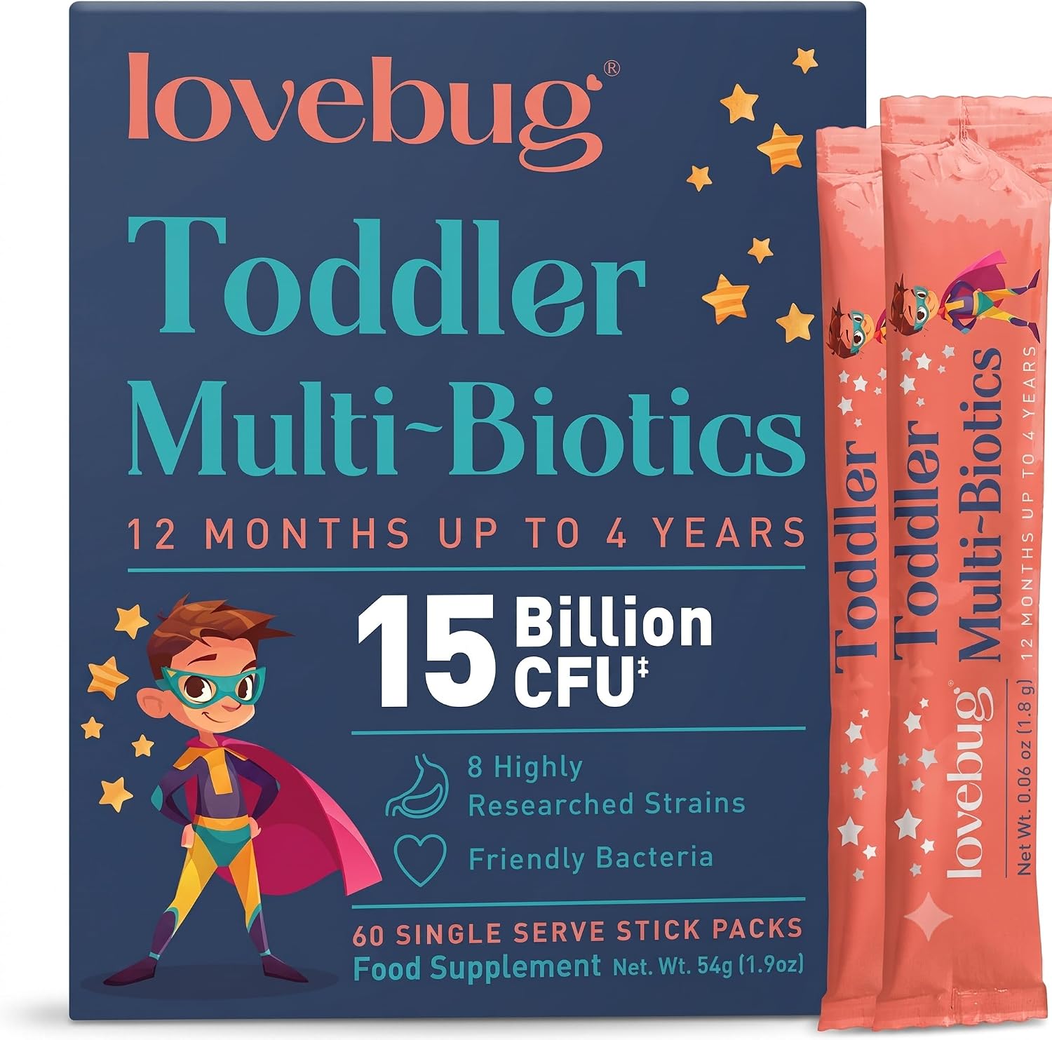 LOVEBUG Award Winning Probiotics | Constipation & Stomach Discomfort | Softer Bowel Movements | Easy-to-Take Powder | Ages 12 Months to 4 Years | 60 Packets