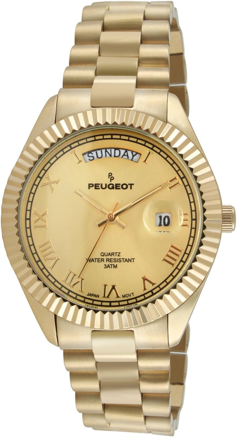Peugeot Men's Stainless Steel Big Face Luxury Watch with Day Date Windows, Roman Numerals & Coin Edge Fluted Bezel Watch
