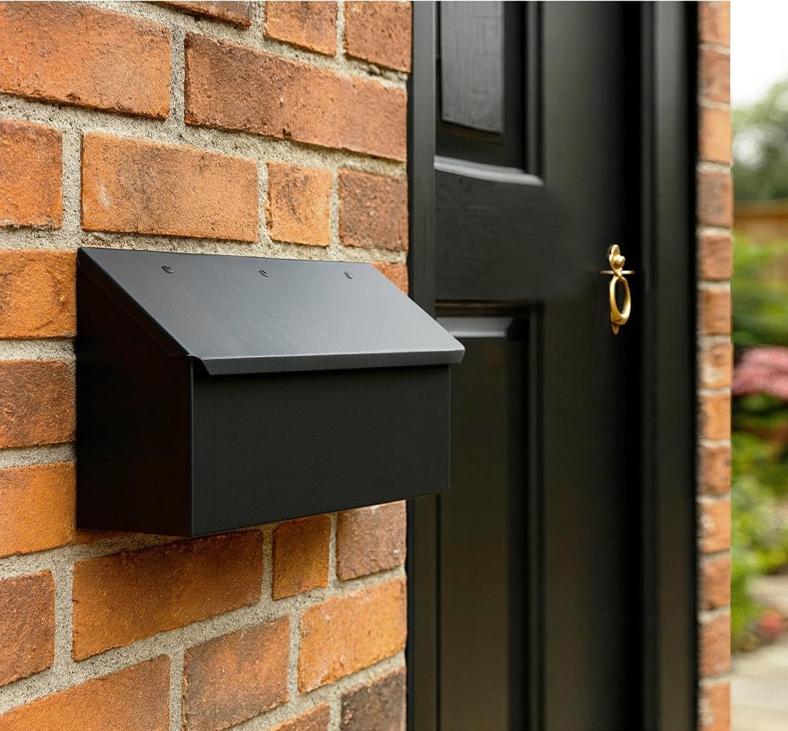 NACH Black Envelope Wall Mount Mailbox, Rust Resistant Metal Mailbox, Black Mailbox Wall Mount, Mailboxes for Outside Wall Mount, Outdoor Mailboxes, Wall Mailbox, 14.1 x 3.5 x 6 Inches, MB-6915BLK
