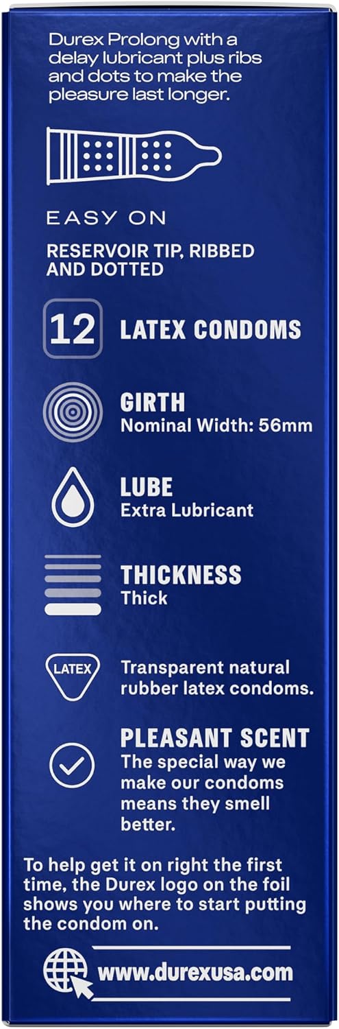 Durex Prolong Condoms with Delay Lubricant, Ribbed & Dotted Condoms for Men, 12 Count