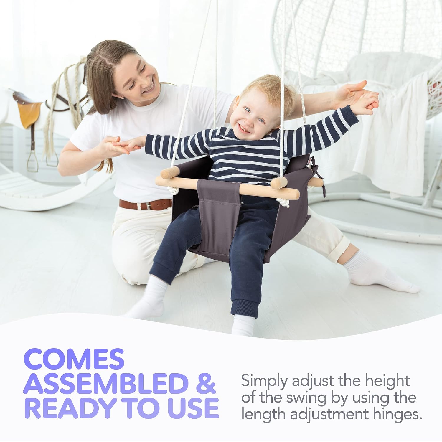 CaTeam Canvas Baby Swing Seat with 5-Point Safety Belt — Wooden Hanging Toddler Swing, Indoor & Outdoor, Ages 1-4, Ceiling Mount Hardware Included