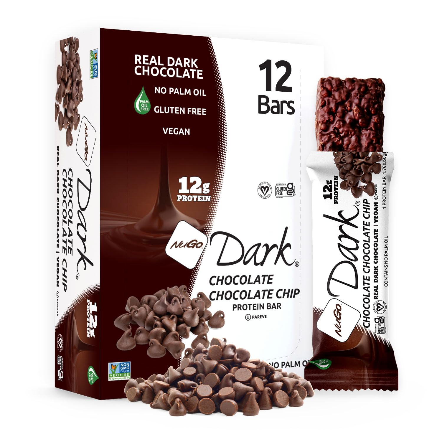 NuGo Dark, Mint Chocolate Chip, 13g Vegan Protein Bar, Gluten Free, 24 CT