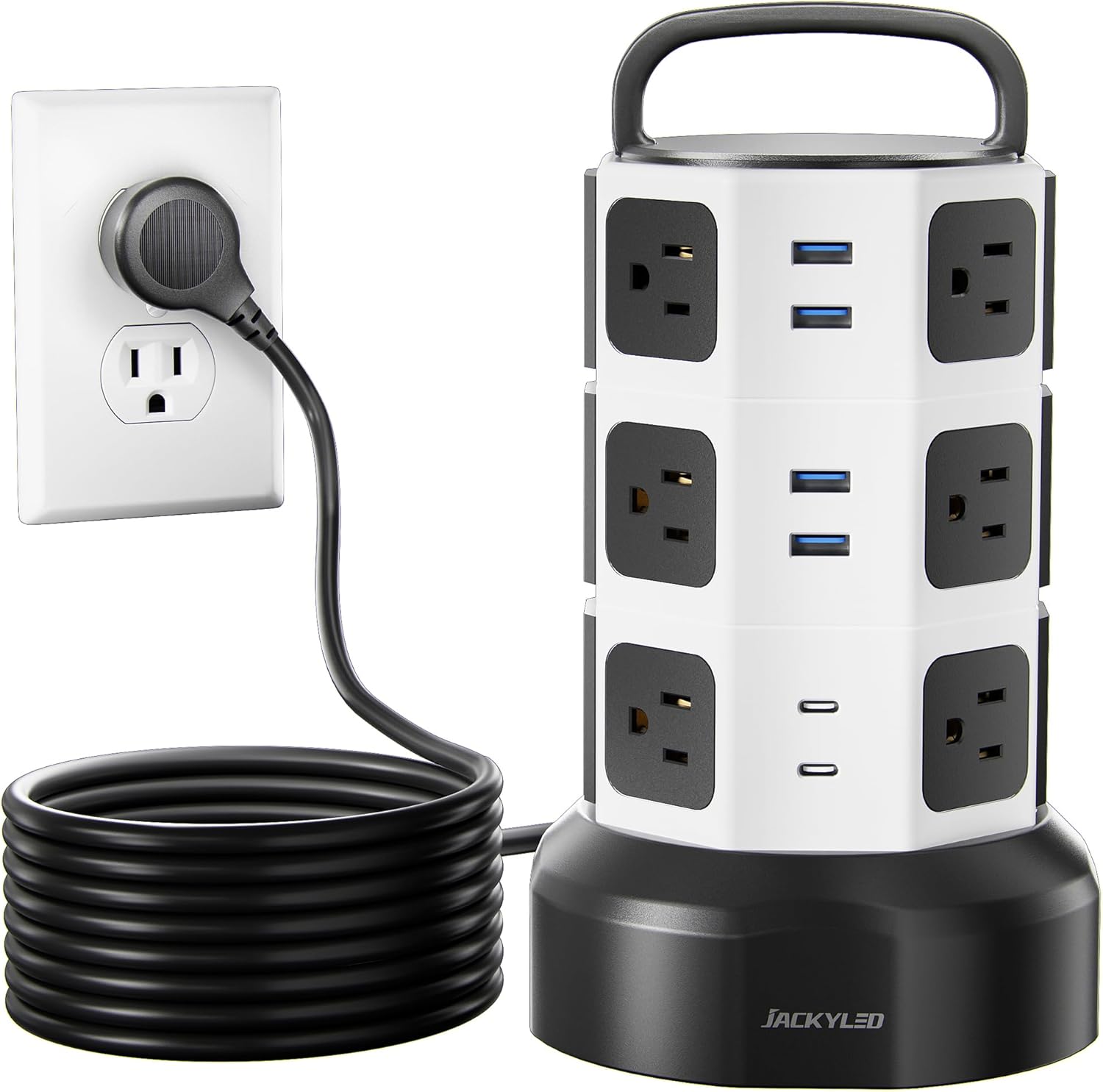 JACKYLED Power Strip Tower Surge Protector, 12 AC 6 USB (2 USB C), 1050J