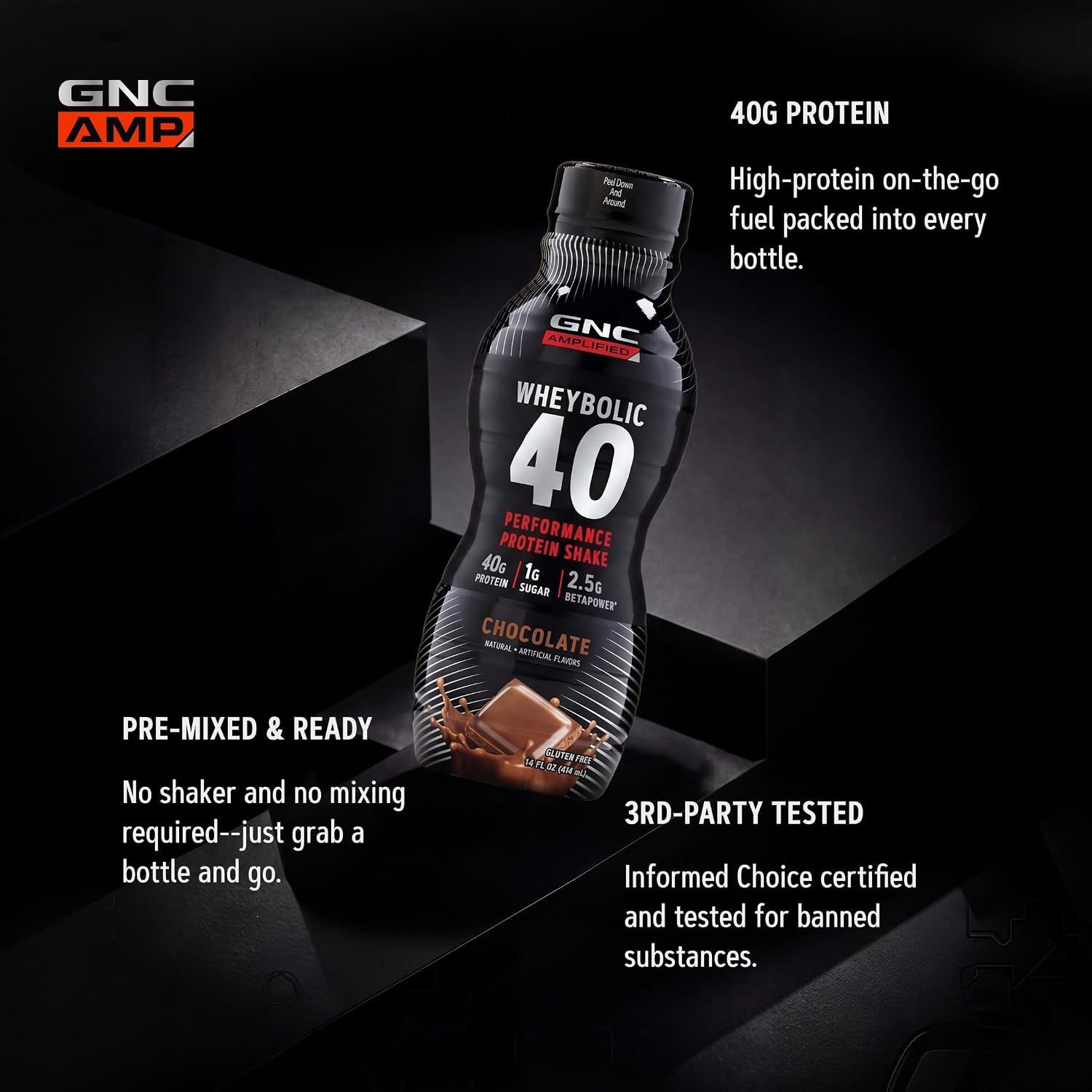 GNC AMP Wheybolic 40, Chocolate, 14 oz, 12 Bottles | Ready to Drink Whey Protein with 40G Protein and Betapower to Support Strength