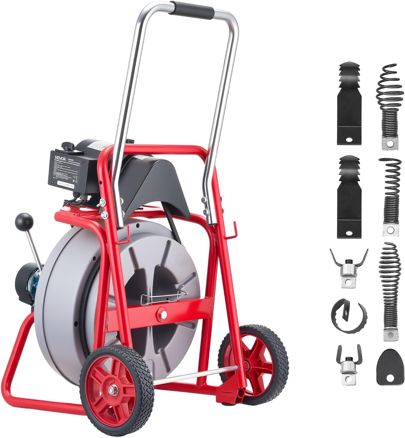VEVOR Drain Cleaner Machine 100 FT x 1/2 Inch, Auto Feed Sewer Snake Drain Auger on Wheels, Portable Drain Cleaning Machine with 8 Cutters & Air-Activated Foot Switch for 2" to 6" Pipes