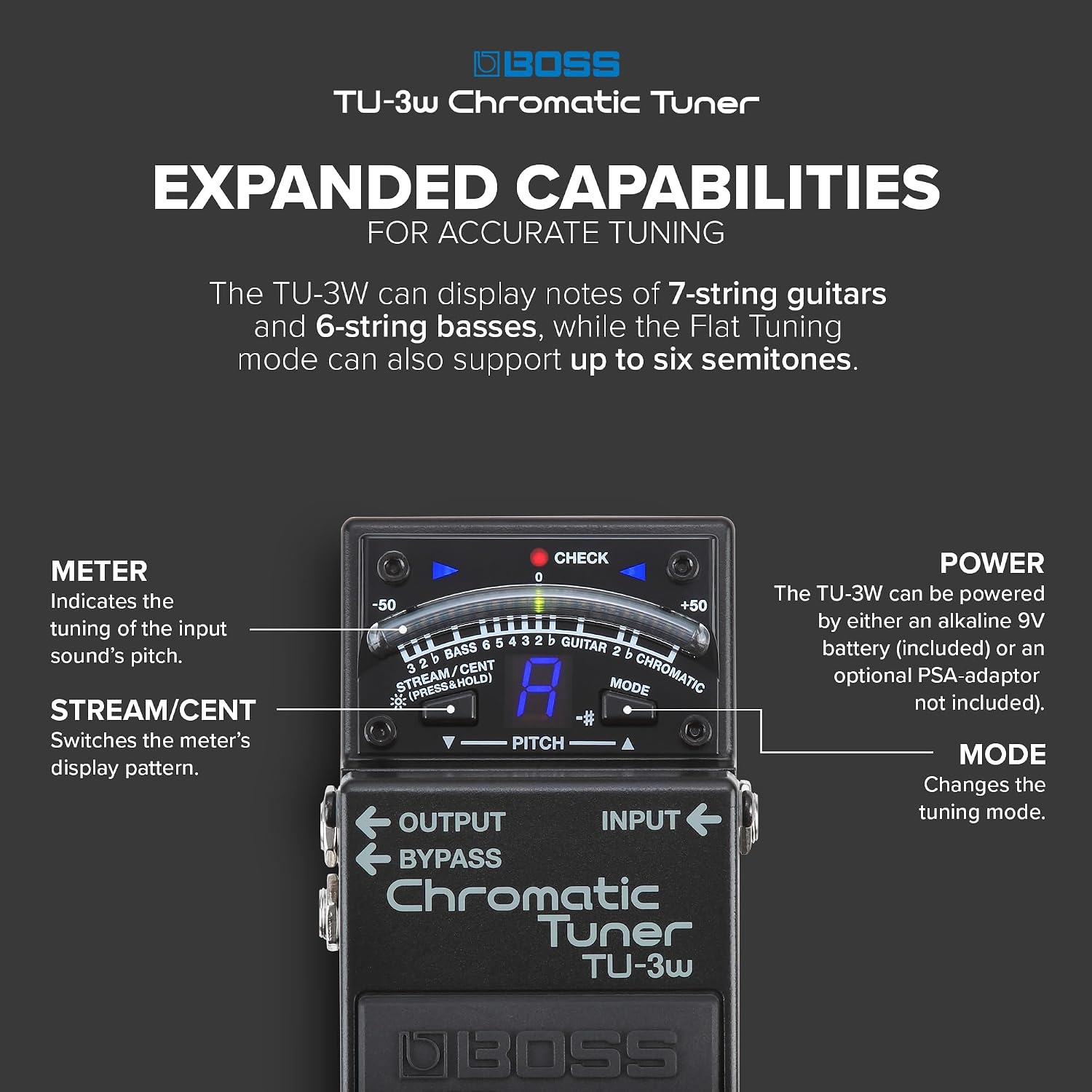 BOSS TU-3W Waza Craft Compact Chromatic Tuner | Enhanced with Waza Innovation & Craftsmanship | Superior Tuning for Guitar and Bass | 21-Segment