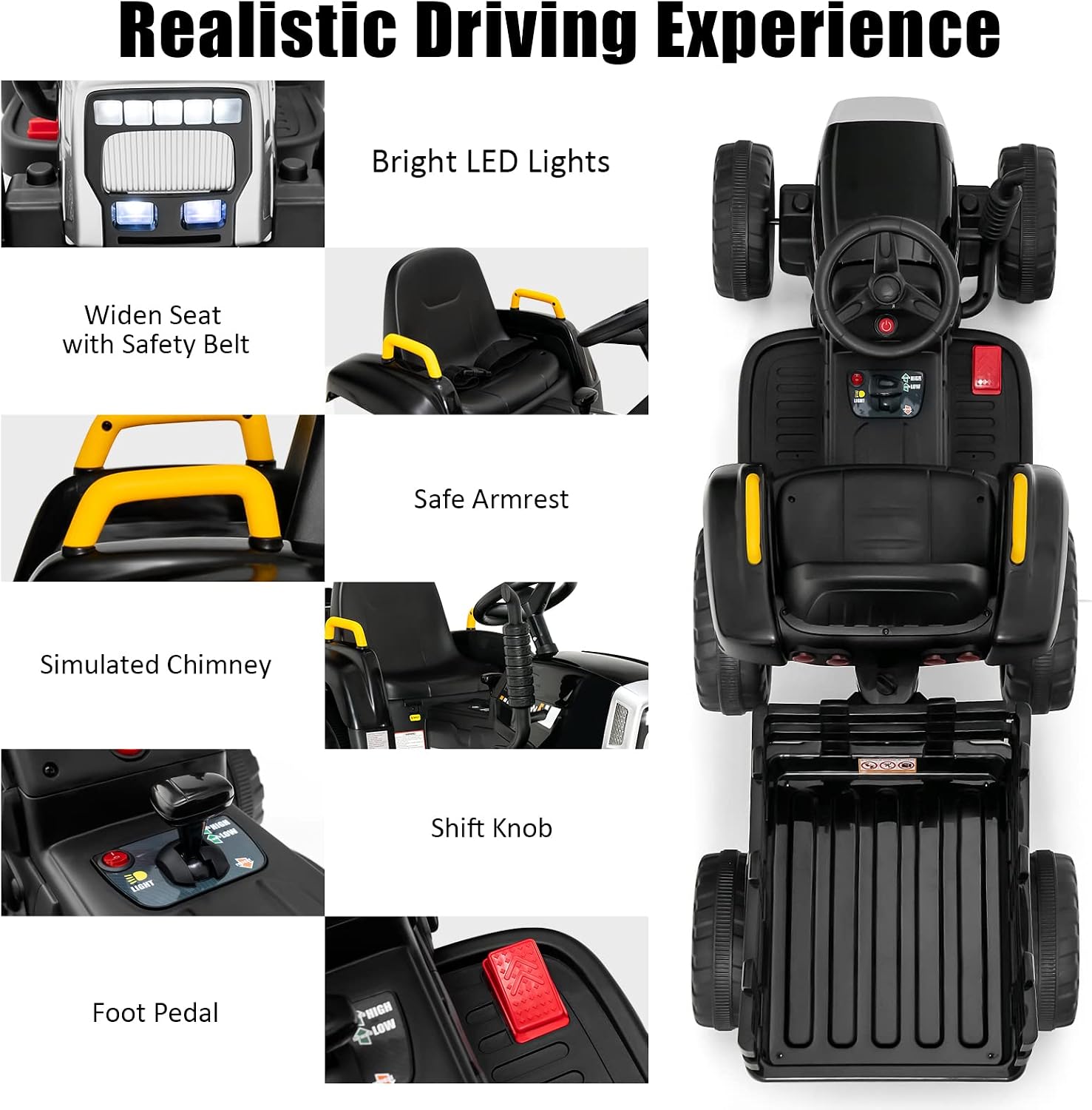 Costzon Ride on Tractor with Detachable Trailer, Kids' Electric Vehicles w/3-Gear-Shift Ground Loader, Wireless Design & USB, 7 LED Headlights