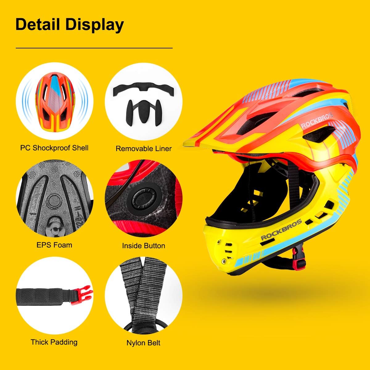 ROCKBROS Kids Full Face Bike Helmet Lightweight Detachable MTB Helmet