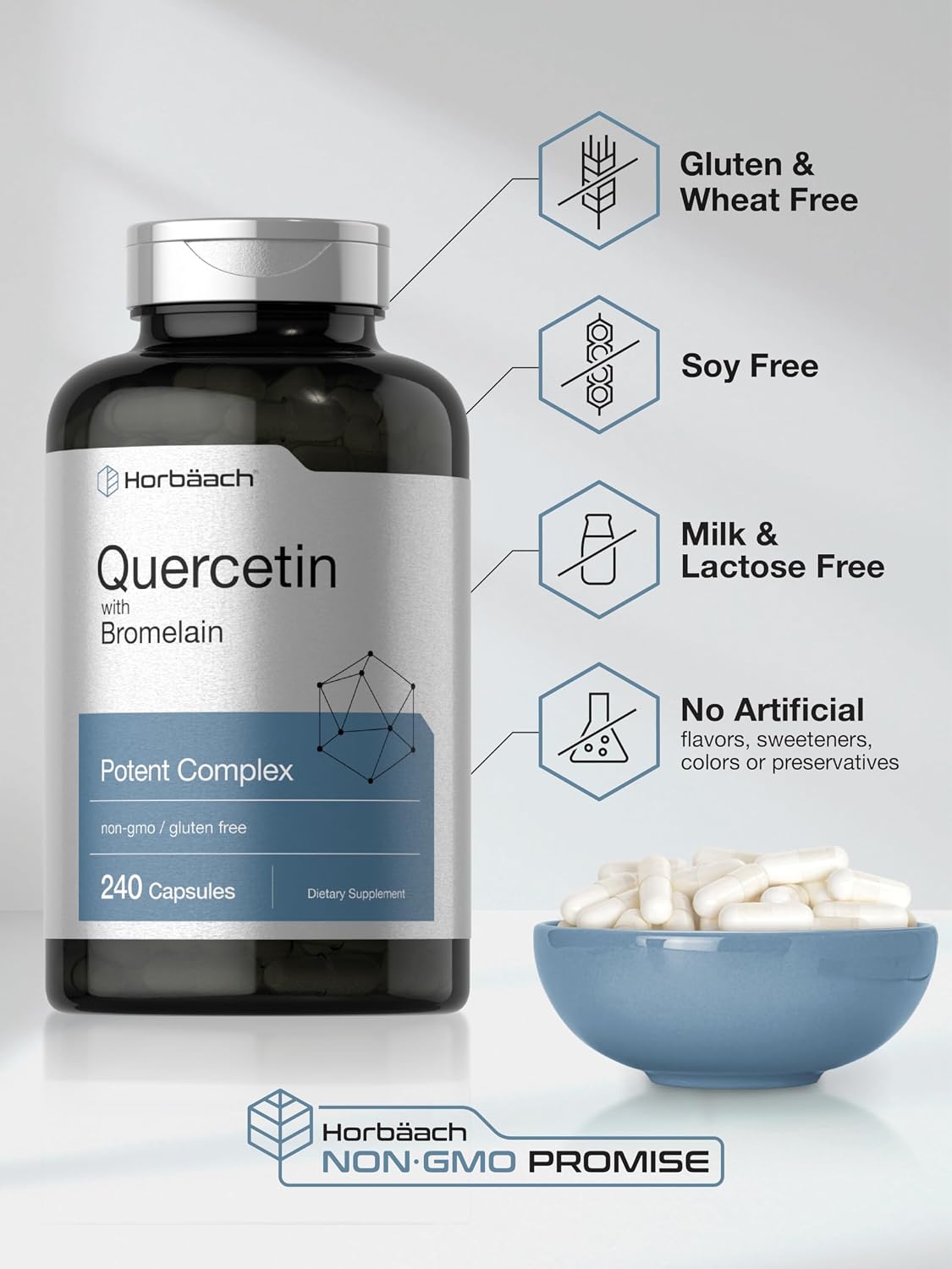 Horbäach Quercetin with Bromelain Supplement | 240 Capsules | Non-GMO and Gluten Free