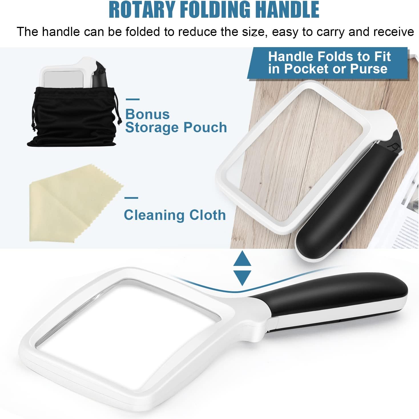 Folding Handheld Magnifying Glass with Light, 5X Large Rectangle Reading Magnifier with Dimmable LED for Seniors with Macular Degeneration, Newspaper