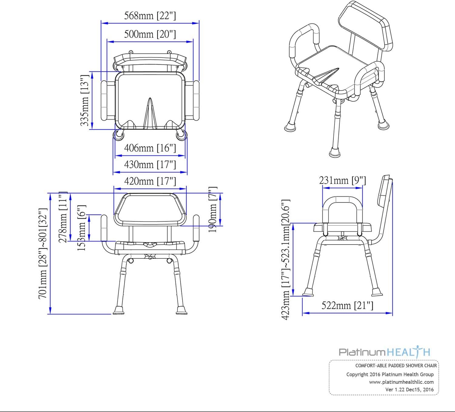 Comfortable Shower Chair for Elderly and Disabled for Inside Shower Seats | Sit Securely While Bathing - Blue, padded seat, adjustable height, aluminum frame, backrest, 400 lb