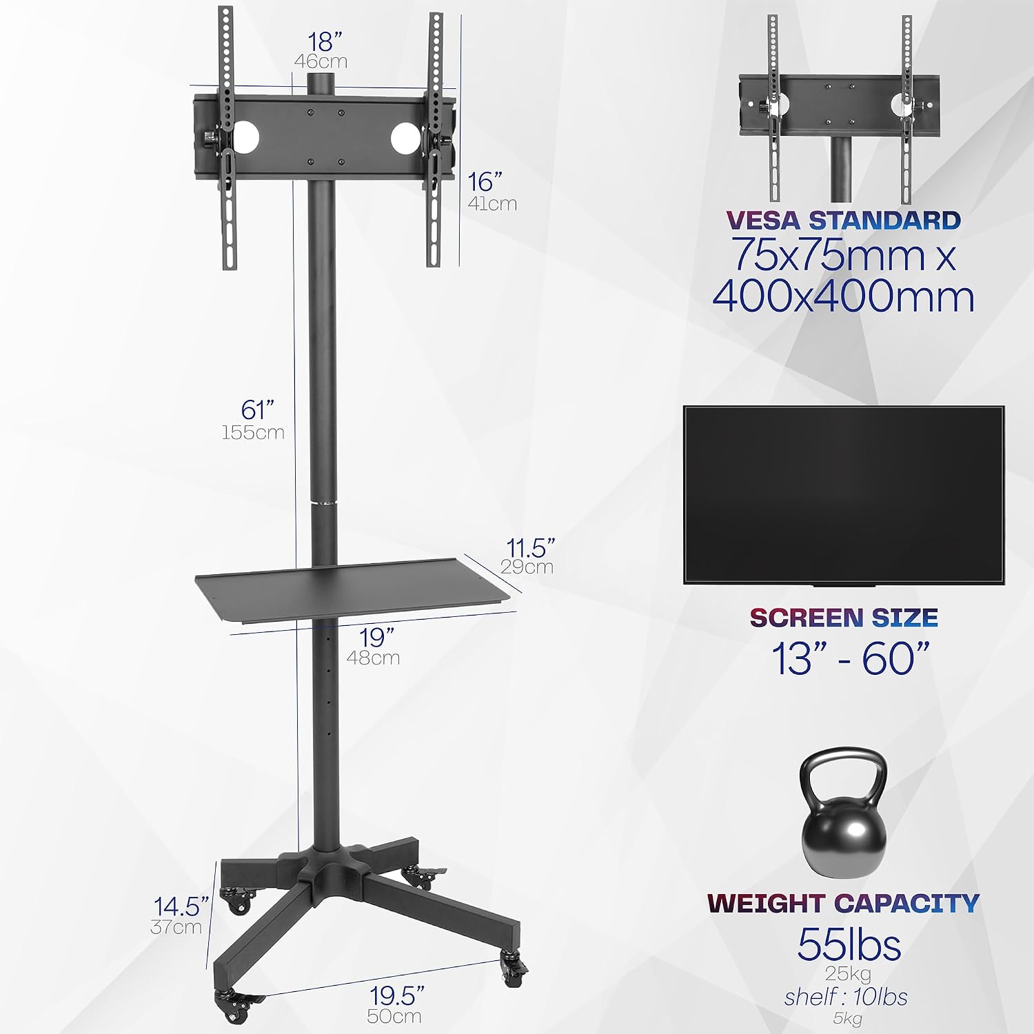 VIVO Mobile TV Cart for 32 to 83 inch Screens up to 110 lbs, LCD LED OLED 4K Smart Flat and Curved Panels, Rolling Stand with Laptop DVD Shelf, Locking Wheels, Max VESA 600x400, Black, STAND-TV03E