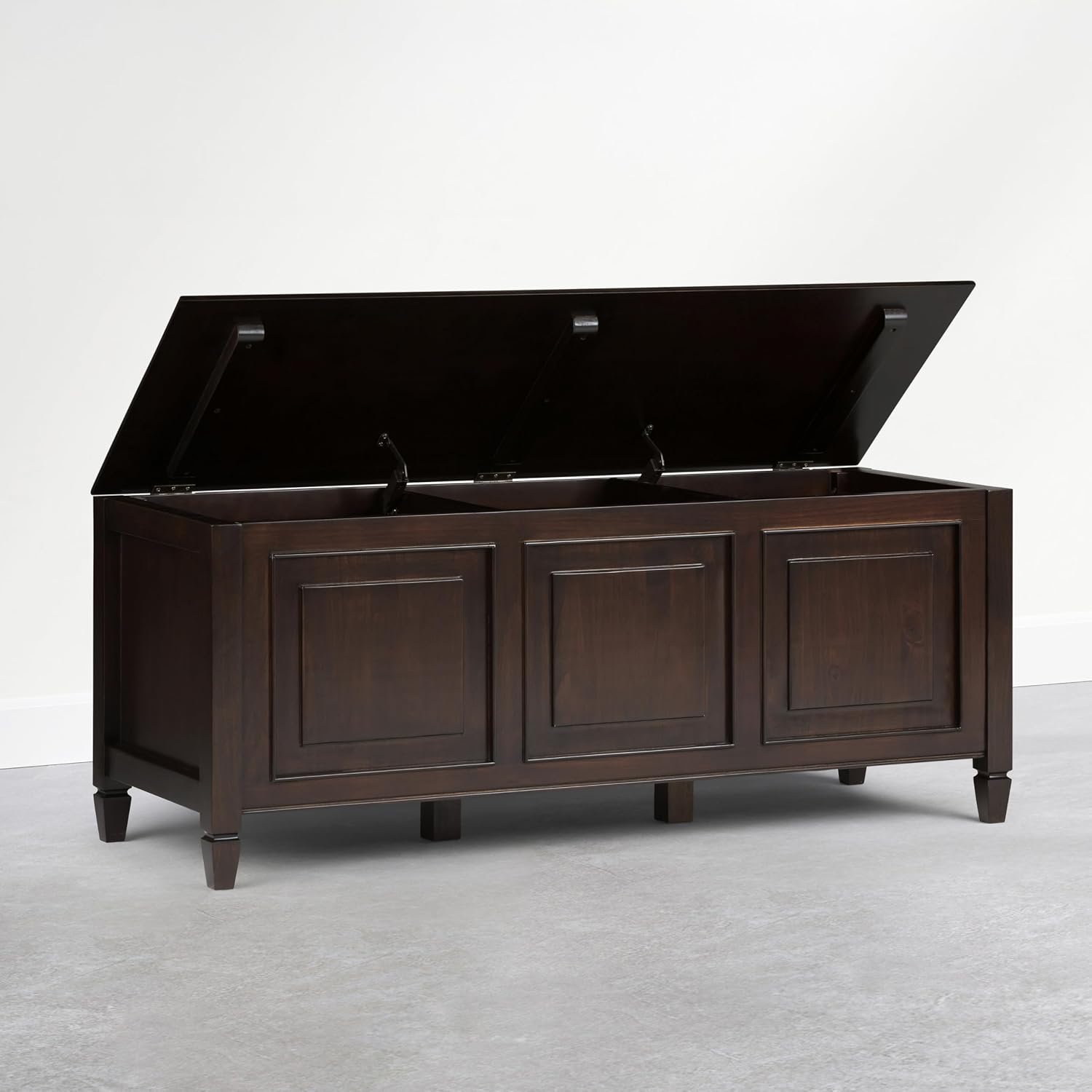 SIMPLIHOME Harvey 47" Wide Solid Mango Wood Bench in Natural | Traditional entryway bench in dark chestnut brown with a lift-up lid and 3 hidden compartments; shoe or hallway bench.