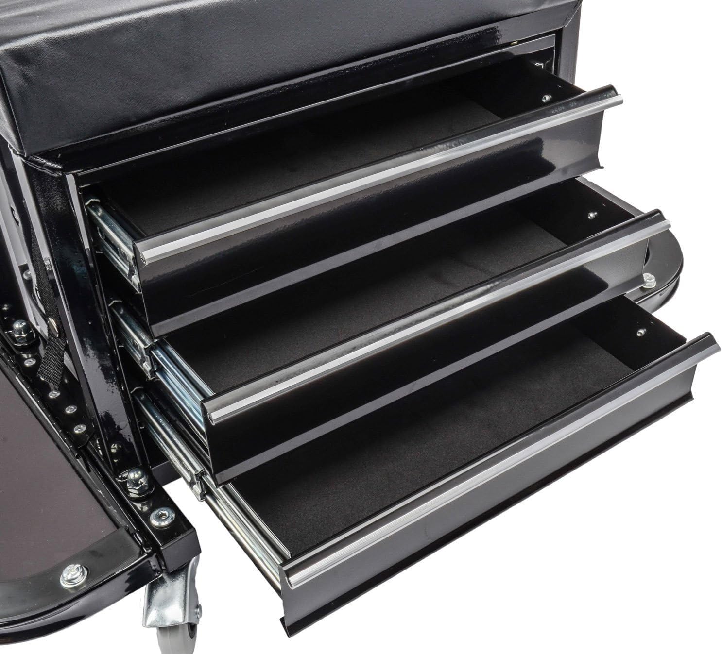 3-Drawer Rolling Tool Box Seat | 3-Drawer Rolling Tool Box Seat for supporting the driver or passenger in the vehicle; steel and rubber construction