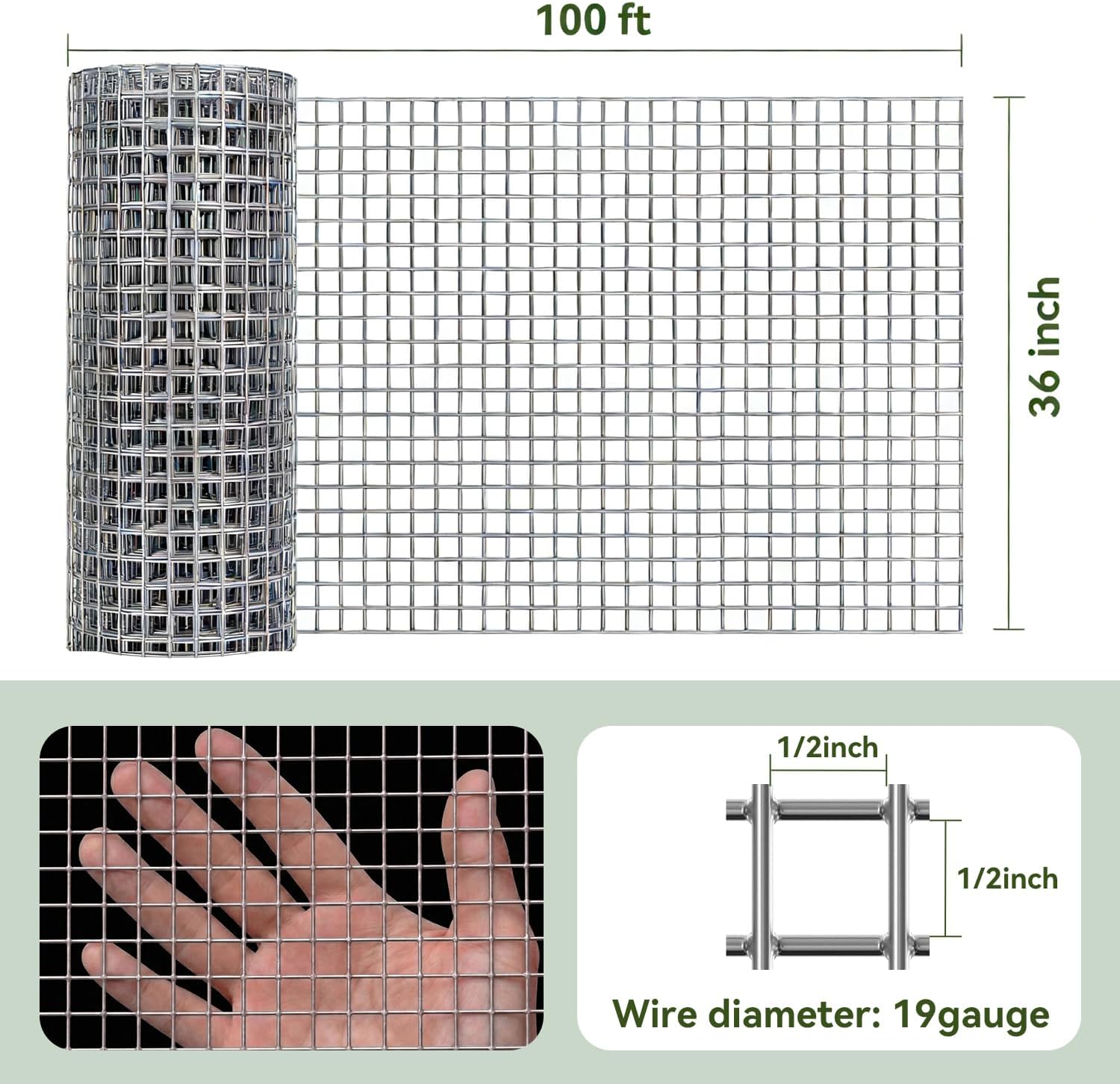 Amagabeli Hardware Cloth 1/2 inch 36 x 100 ft 19 Gauge Chicken Wire Fence Hot-Dipped Galvanized After Welding Welded Wire Fencing Mesh Roll Garden Plant Support Poultry Rabbit Cage Snake Gopher