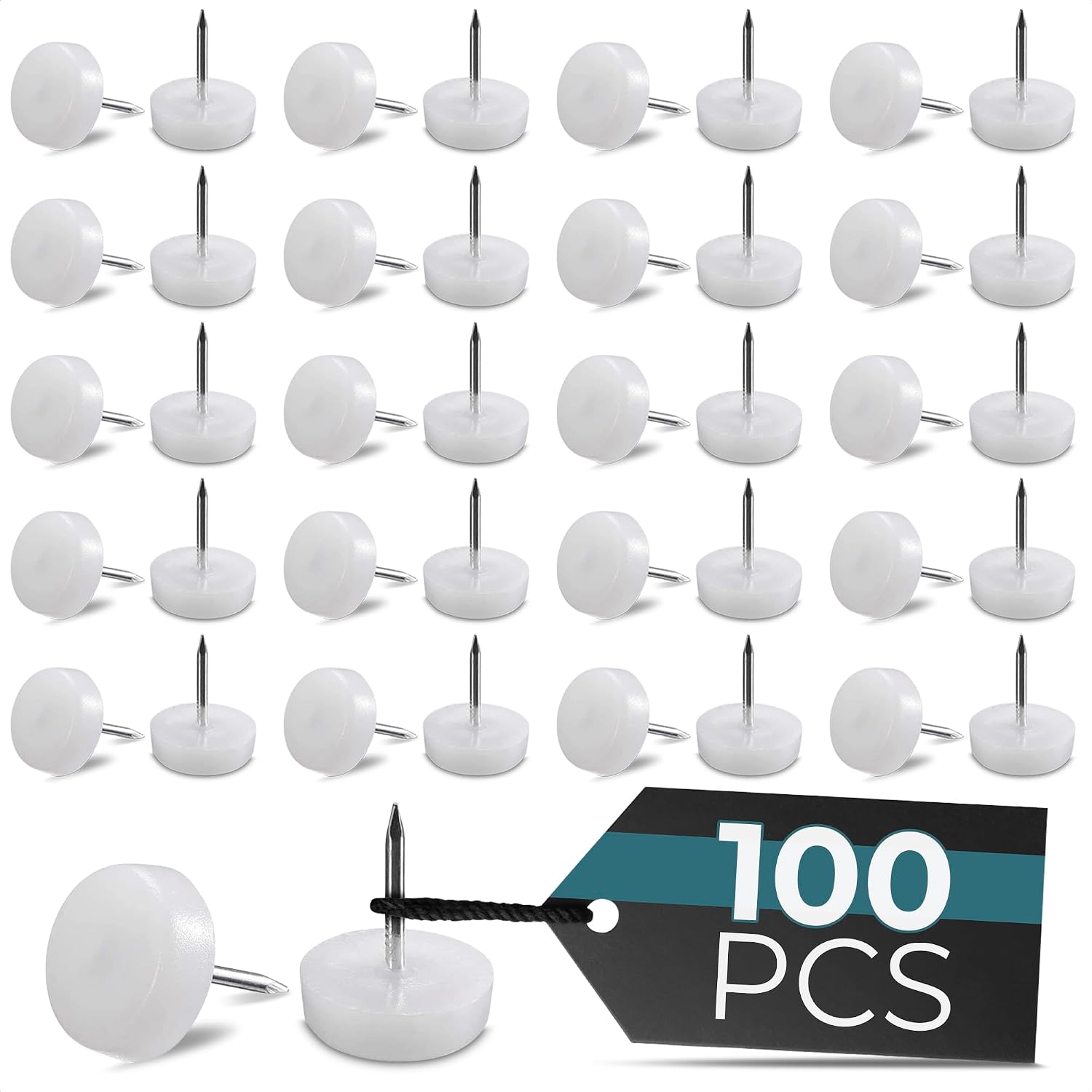 100 Pcs Nail in Furniture Glides, 0.8"x0.7" (20.3 x 17.8mm), Nylon (White) | Furniture Feet for Hardwood Floor, Steel Nail Hold Stays Put