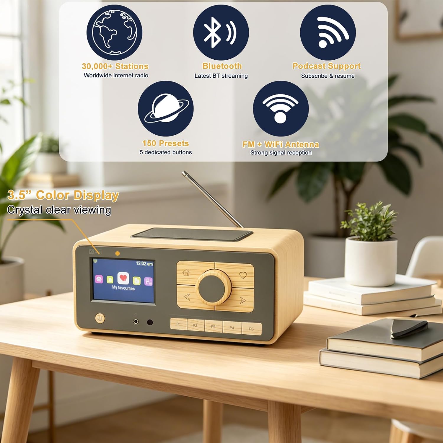 Ocean Digital WR-393 WiFi Internet Radio with FM, Podcast, Bluetooth Speaker, 3.5" Color Display, 30, 000+ Stations, UPnP/DLNA Streaming