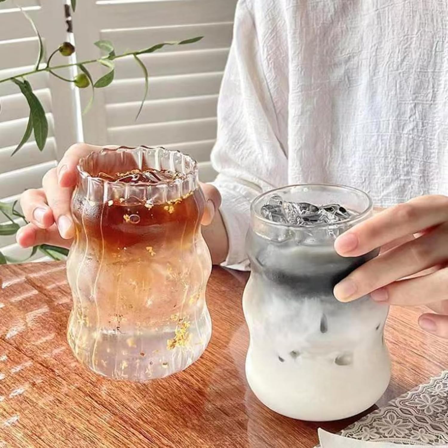 2 Pcs Ribbed Glass Cups, 18 Oz Vintage Drinking Glassware with Wave Design | Iced Coffee Cups Glass, Matcha Glass Bubble Cups for Iced Coffee, Juice