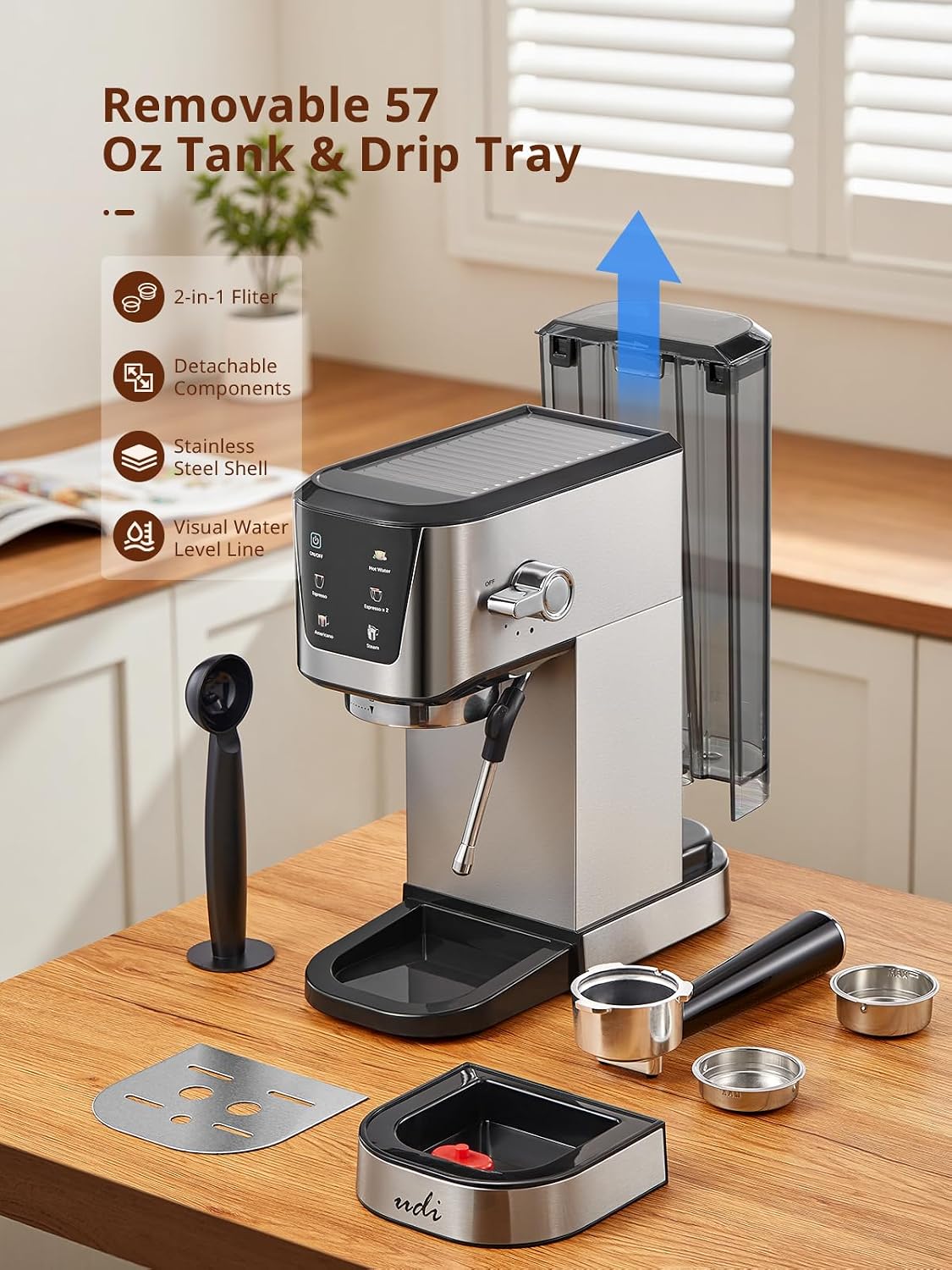 UDI Espresso Machines, 20 Bar Espresso Coffee machine | with LED Touch screen, for Lattes, Cappuccinos, Americano