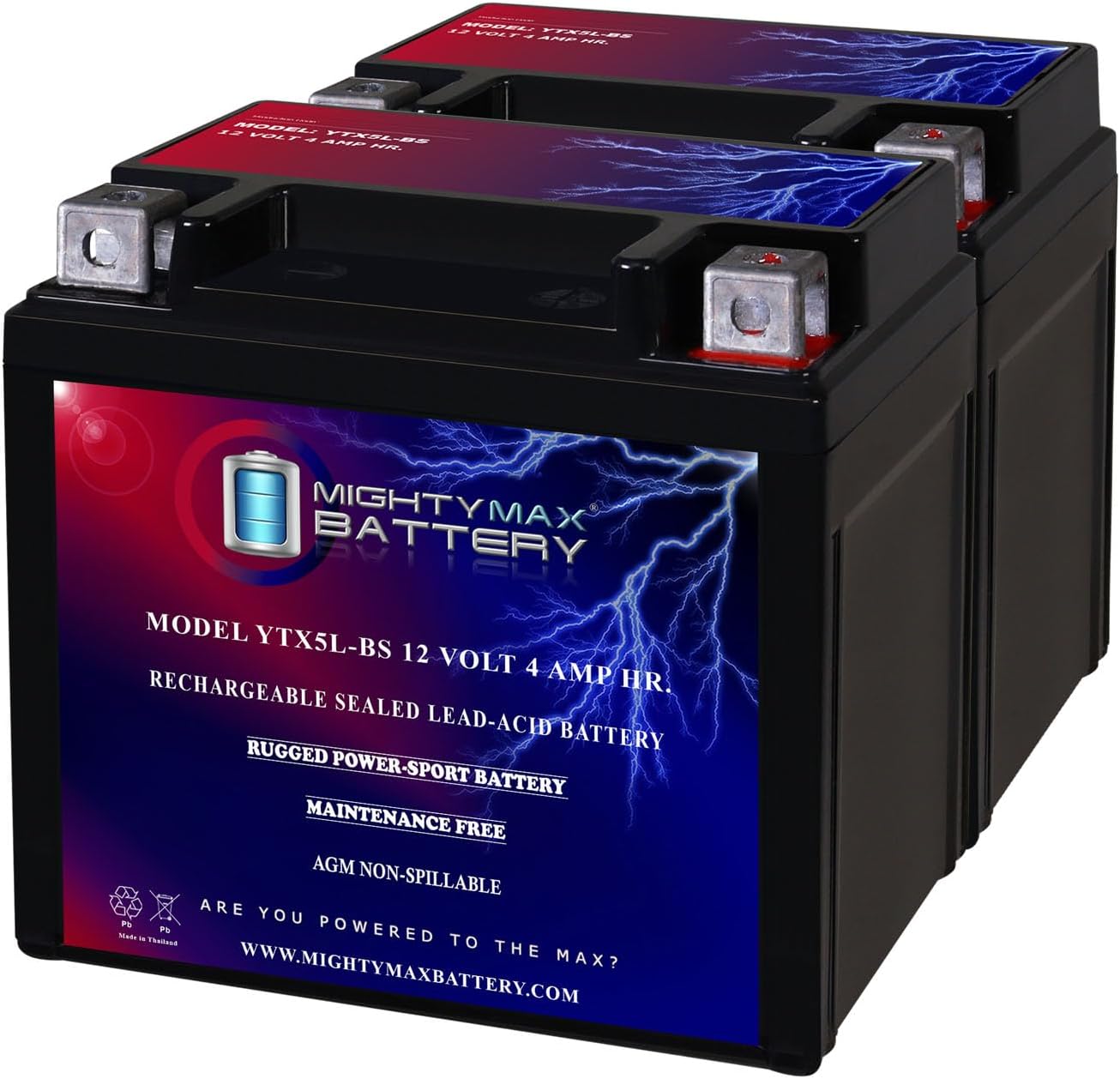 Mighty Max Battery YTX5L-BS -12 Volt 4 AH, 80 CCA, Rechargeable Maintenance Free SLA AGM Motorcycle Battery
