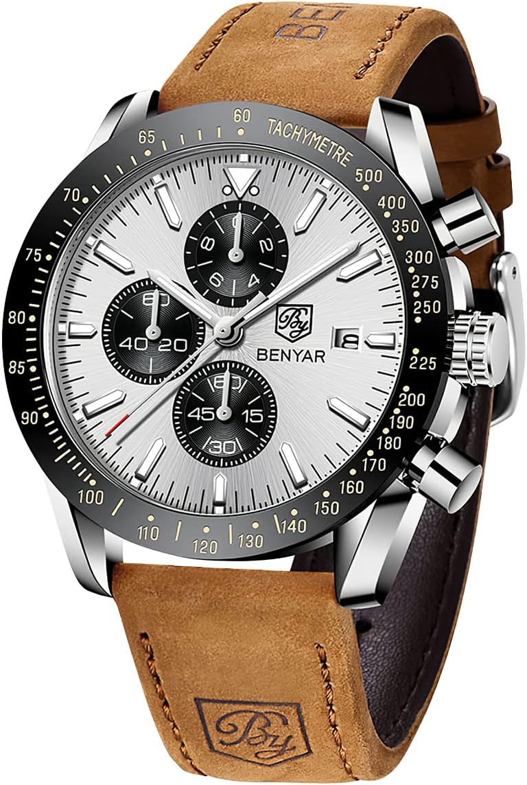 BENYAR Watch for Men Analog Quartz Chronograph Waterproof Luminous Designer Mens Wrist Watches Business Work Sport Casual Dress Watch with Silicone Strap Elegant Gifts for Men