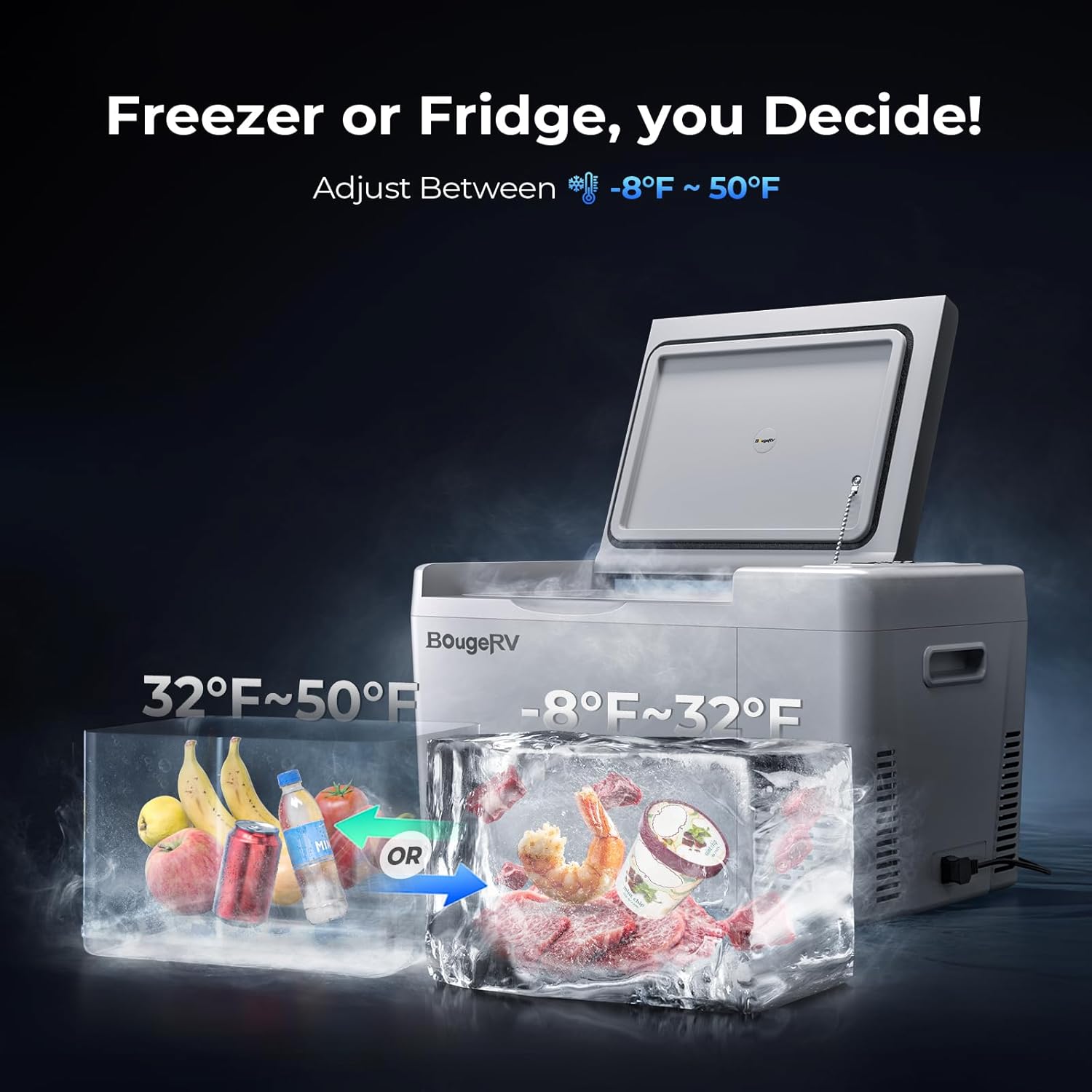 BougeRV 12v refrigerator 23 Quart, -8℉~50℉ Portable Freezer for Car, Grey