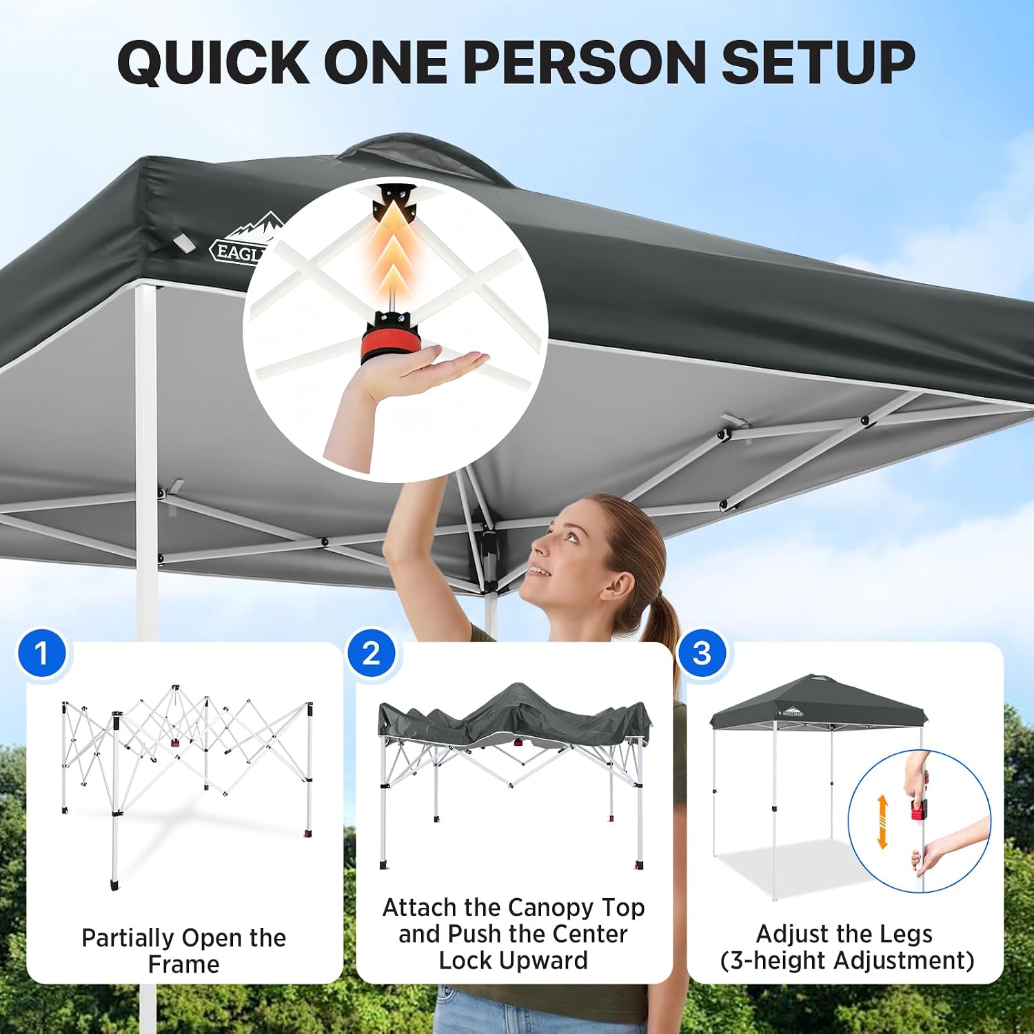 EAGLE PEAK 10x10 Pop Up Canopy Tent Easy Up Canopy Outdoor, White | Patented PeakPush™ Center Lock, 1 Person Setup Portable Pop Up Tent, Beach, Markets, Camping Sport Events, Wheeled Carry Bag