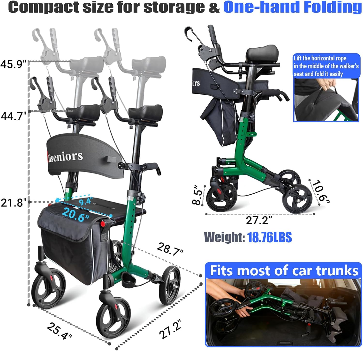 Aliseniors Upright Walker for Seniors - Big Stand Up Walker with Wide Seat, Foldable 4 Wheel All-Terrain Rolling Walker, Adjustable Armrests, 300lbs, Improves Posture & Reduces Back Strain | 20.6" Wide Seat, Foldable Rollator, 8" All-Terrain Wheels, Adju…