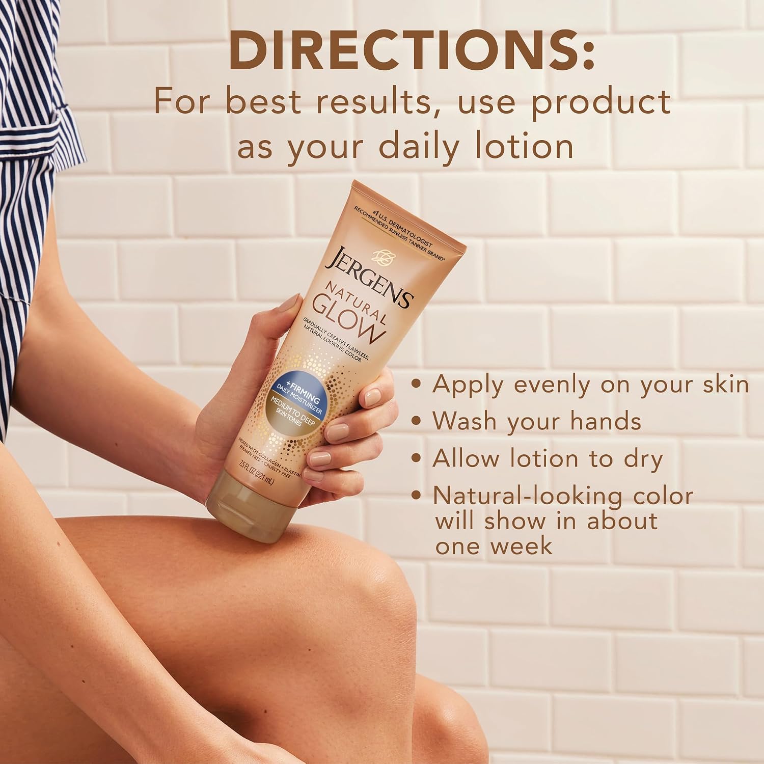 Jergens Natural Glow +Firming Self Tanner Body Lotion, Fair to Medium Skin Tone, Sunless Tanning Moisturizer with Collagen and Elastin. Helps to Visibly Reduce Cellulite, 7.5 Fl Oz | Sunless Tanning Moisturizer, Collagen and Elastin Formula, Reduces Cell…