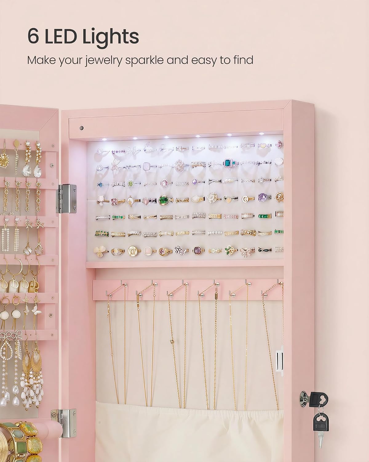 SONGMICS 6 LEDs Mirror Jewelry Cabinet, 47.2-Inch Tall Lockable Wall or Door Mounted Jewelry Armoire Organizer with Mirror, 2 Drawers, 3.9 x 14.6 x 47.2 Inches, White UJJC93W