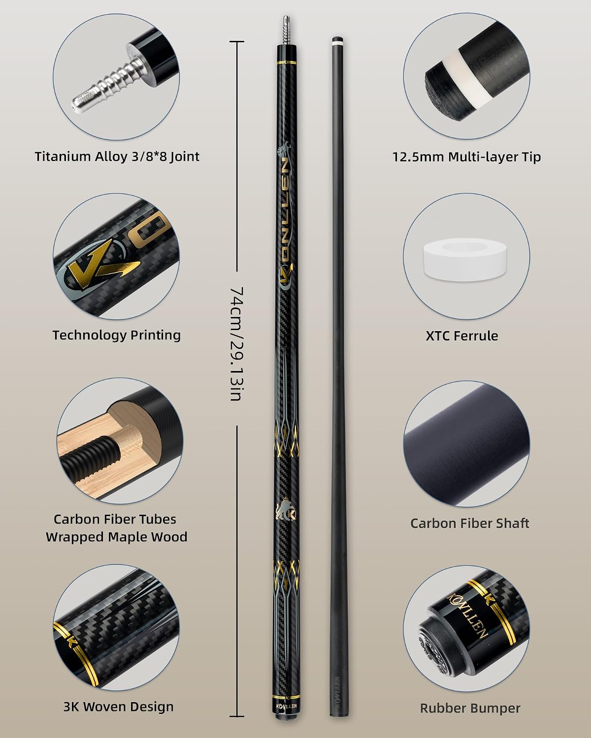 KONLLEN Carbon Fiber Pool Cue Stick 58-inch Professional Pool Sticks for Adults Full Carbon Technology Low Deflection Pool Cue Billiard Cues with 12.5mm Tip (Easy to Control, Pro Taper, Ultra-Smooth)
