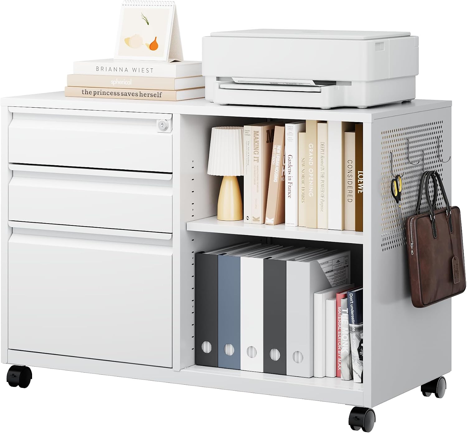 Mobile 3 Drawer File Cabinet with Lock-Metal Lateral Rolling Printer Stand Filing Cabinets for Home Office-Storage A4/F4/Letter (White)